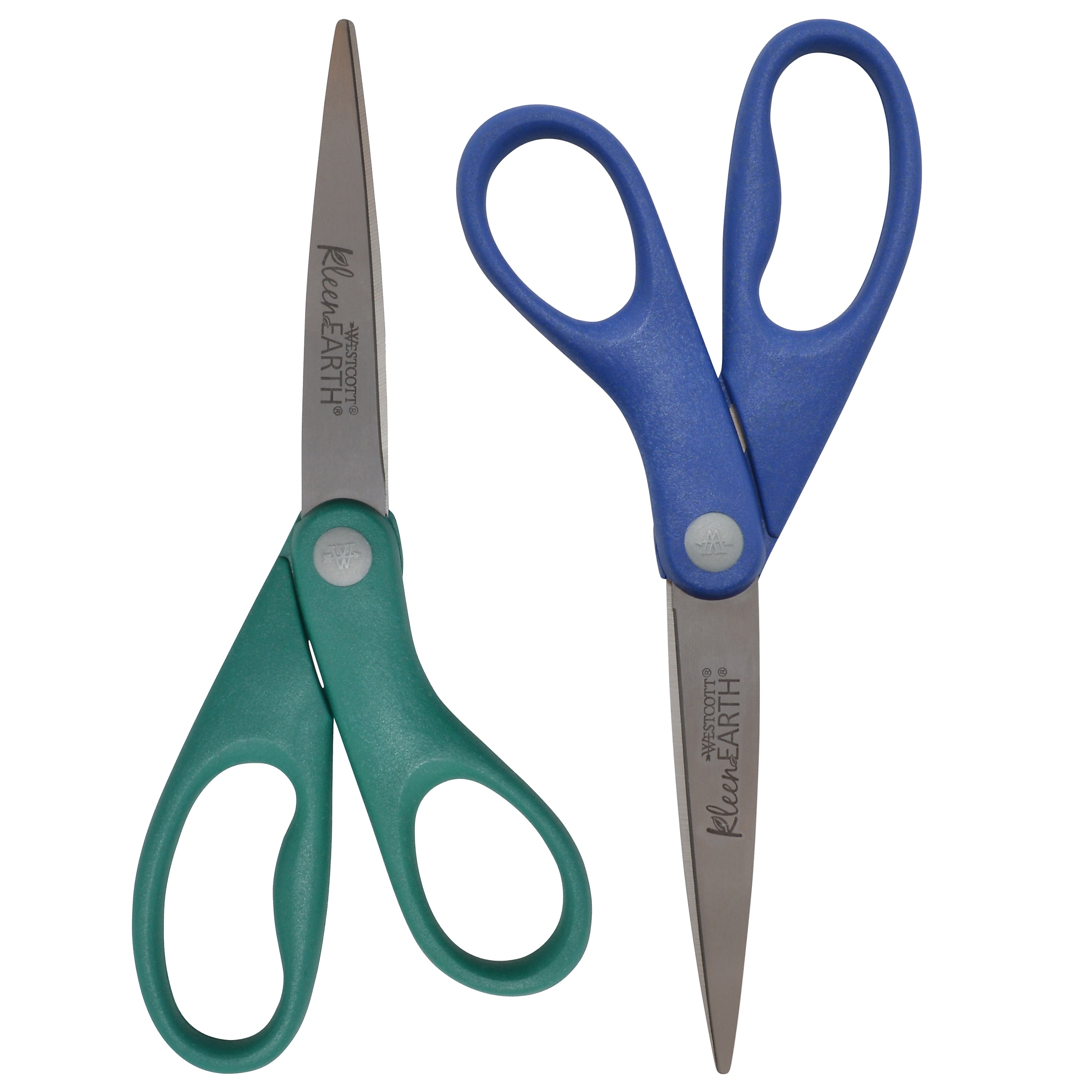 Westcott KleenEarth 8" Stainless Steel Scissors, Pointed Tip, Blue/Green, 2/Pack (14882)