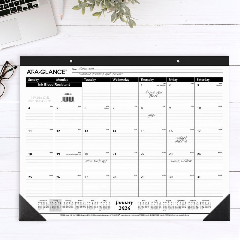 2026 AT-A-GLANCE 21.75" x 17" Monthly Desk Pad Calendar, White/Black (SK24-00-26)