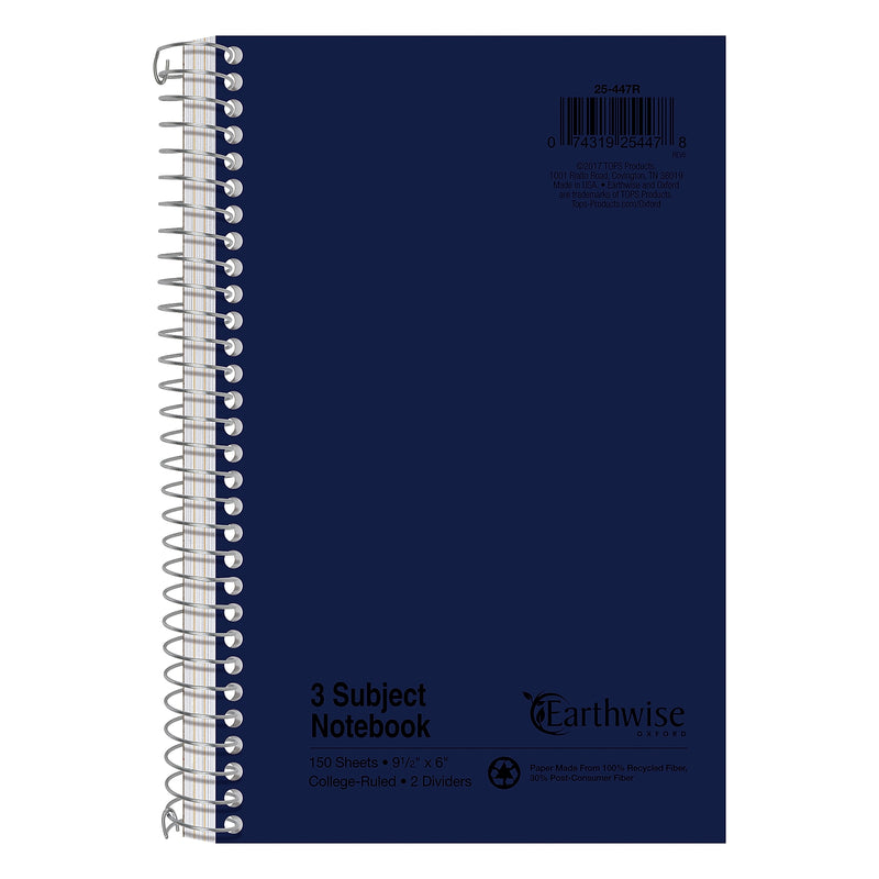Oxford Earthwise 3-Subject Notebooks, 6" x 9.5", College Ruled, 150 Sheets (25-447R)