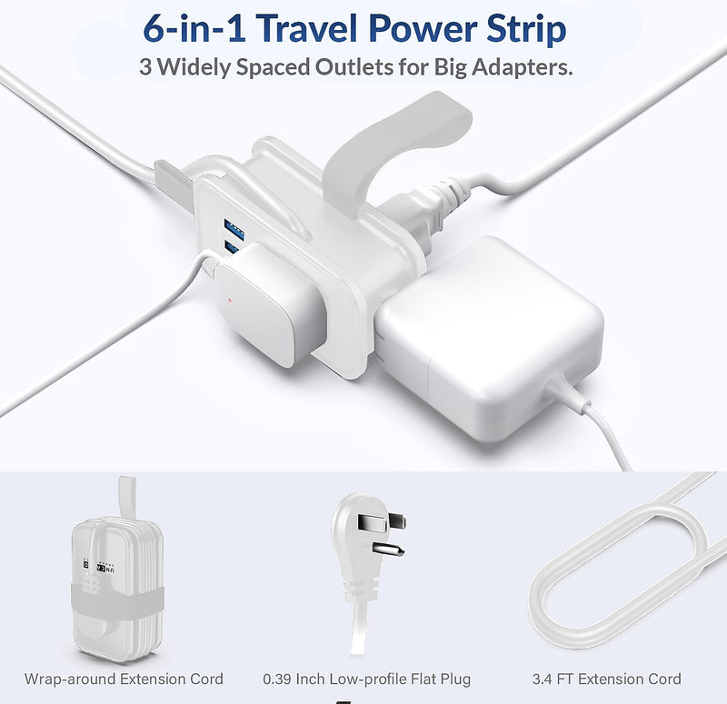 Uncaged Ergonomics 3-Outlet 3-USB Port Power Strip, 3', White (TC-w)