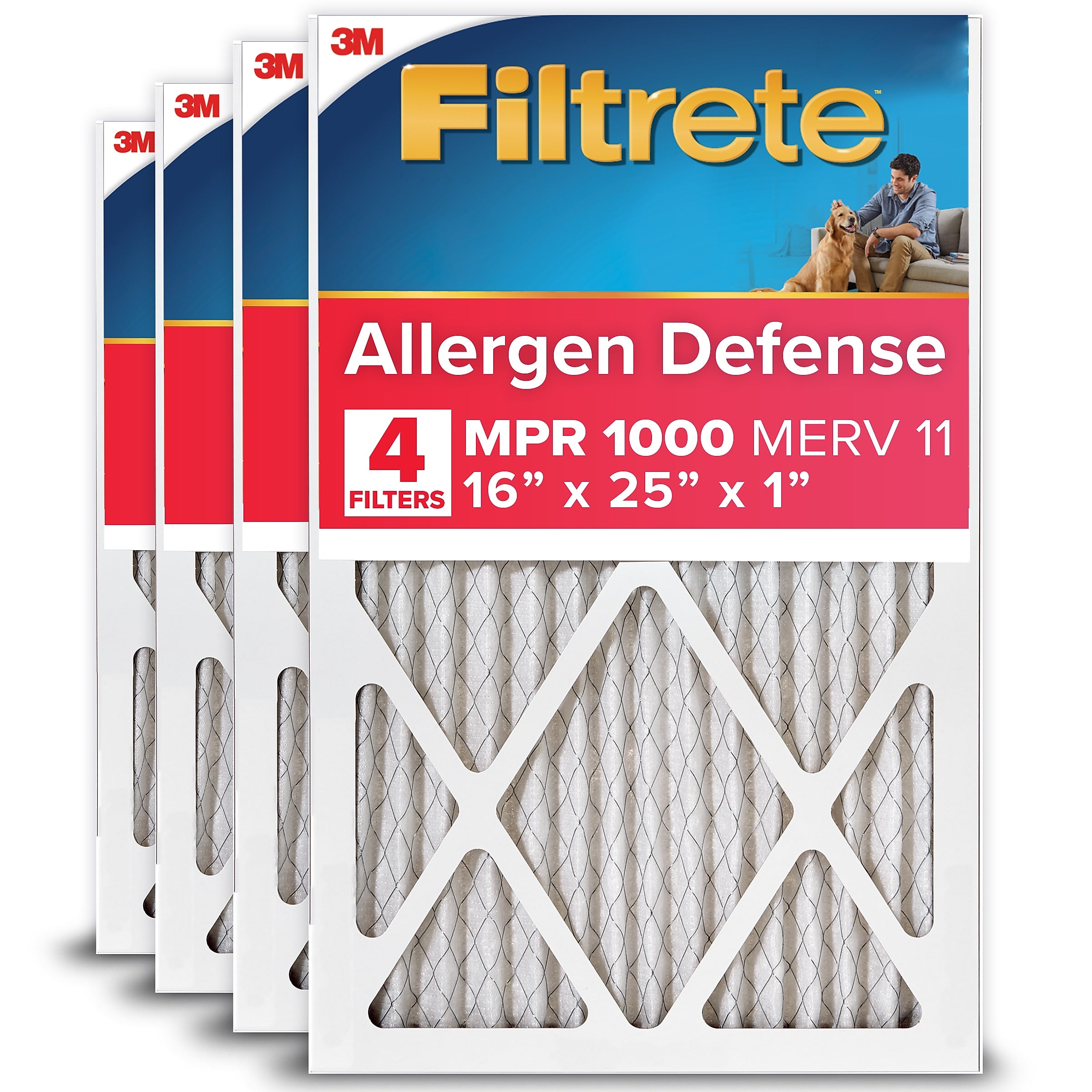 Filtrete Allergen Defense 16" x 25" x 1" Pleated Air Filter, MERV 11, 4/Carton (1000 MPR)
