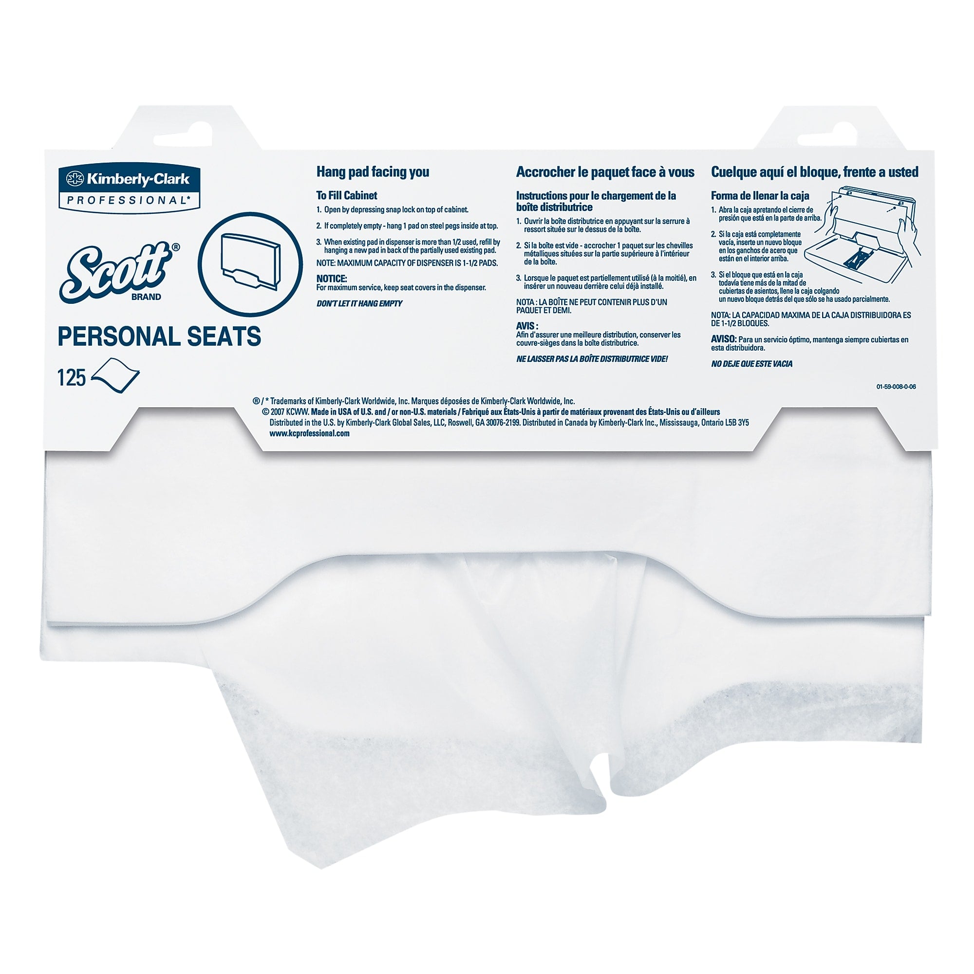 Scott Pro Personal Seat Covers, White, 15" x 18", 125 Sheets/Pack (07410)