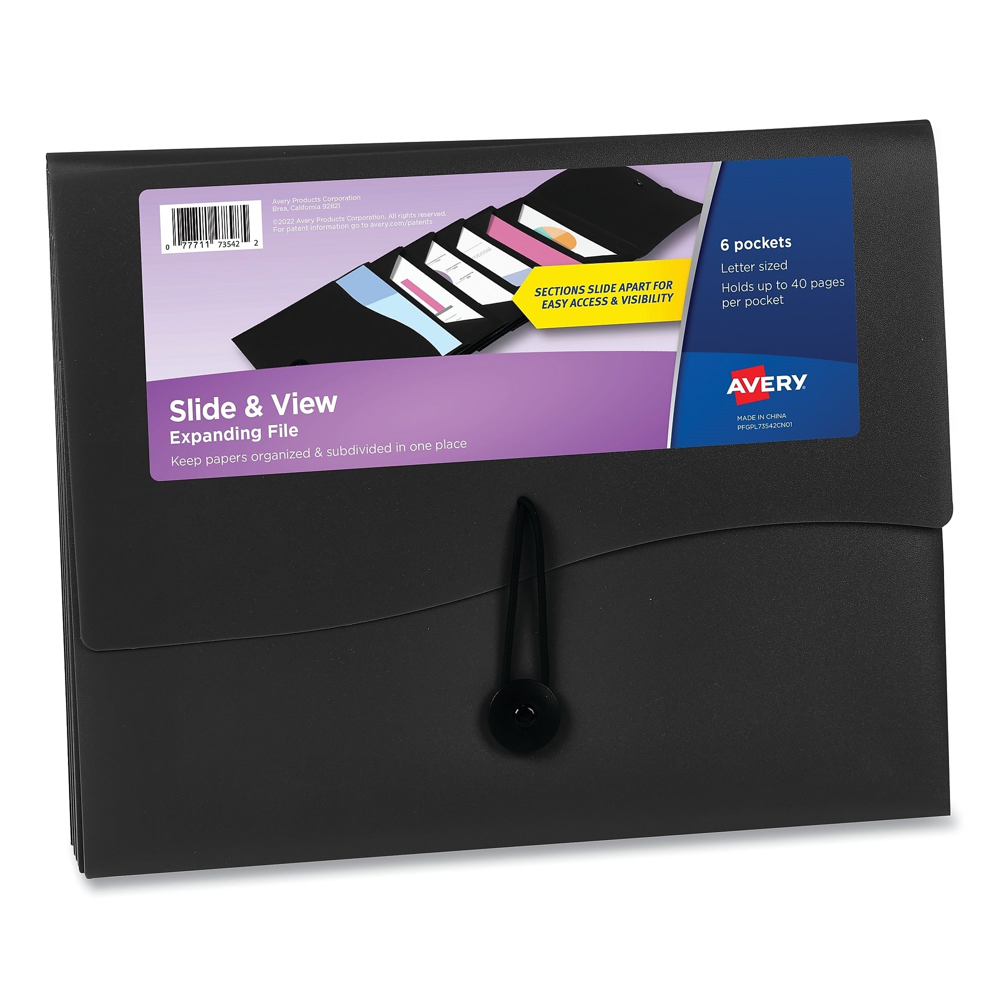 Avery Slide and View Expanding File, 6 Sections, Hook/Loop Closure, Letter Size, Black