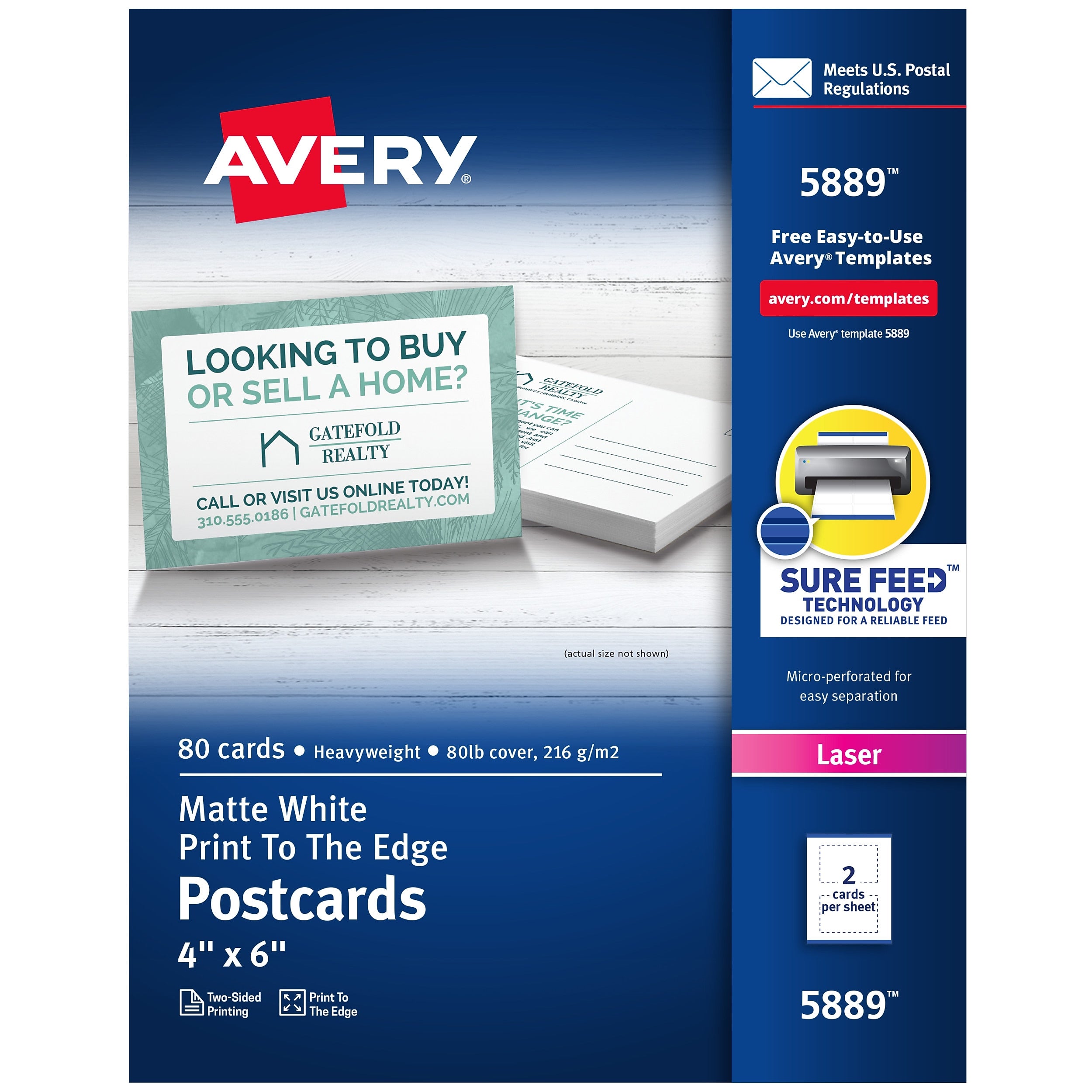 Avery Postcards, Matte White, Print to the Edge, 4" x 6", Laser, 80/Pack (05889)