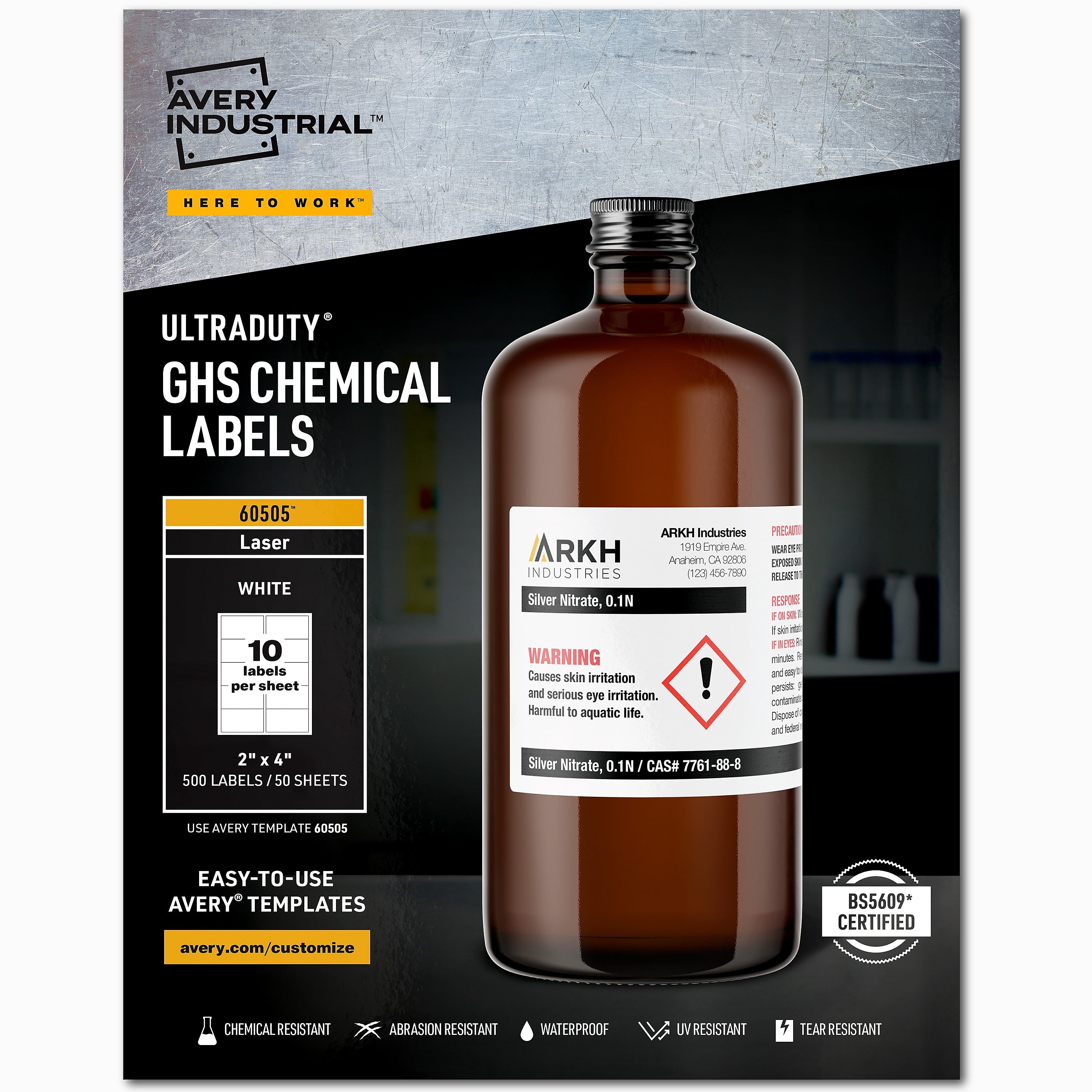 Avery UltraDuty Waterproof Laser GHS Chemical Labels, 2" x 4", White, 500 Labels/Box (60505)