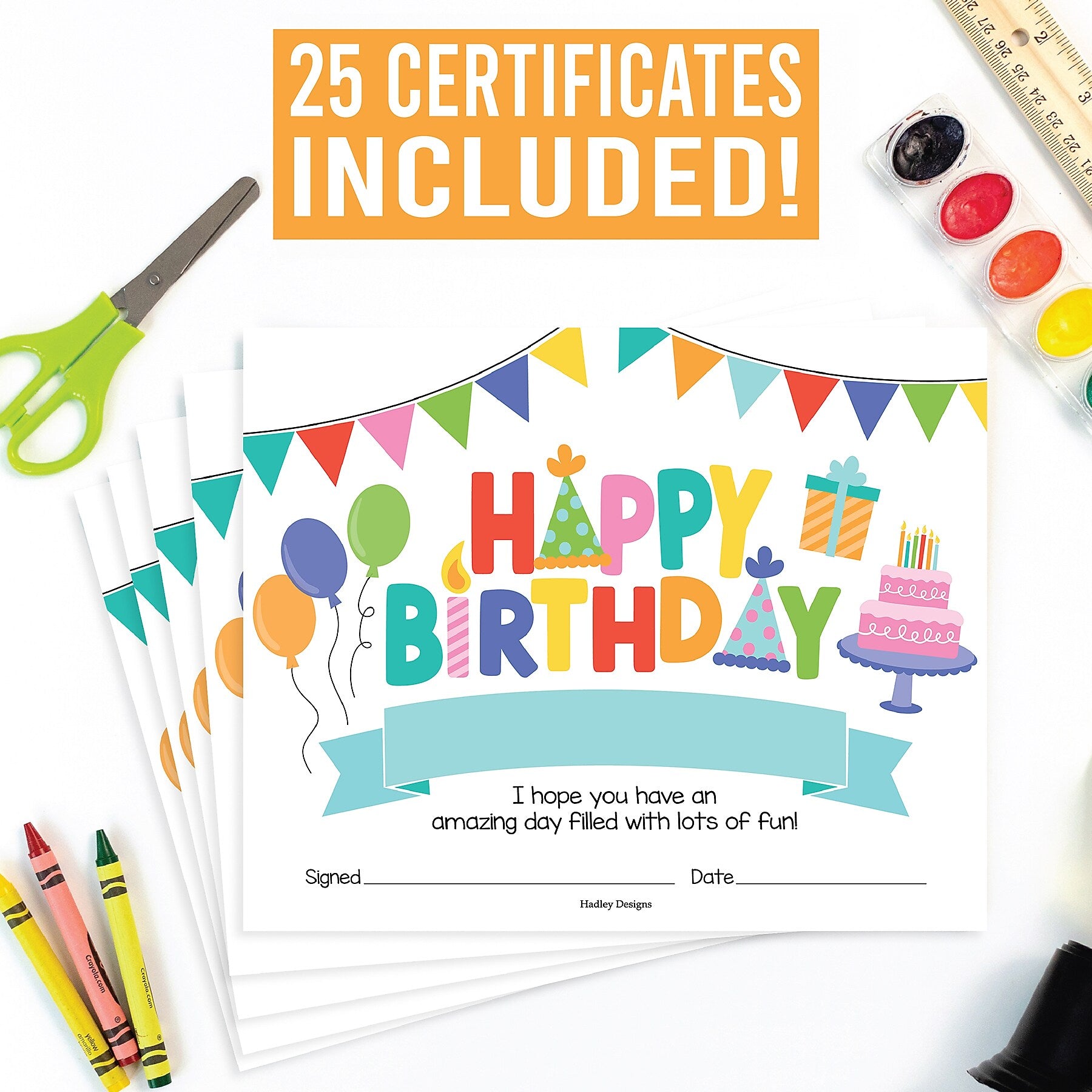 Hadley Designs Colorful Happy Birthday Certificates For Students, 8" x 10", Multicolored, 25/Pack (HDDX004A3KO4B)
