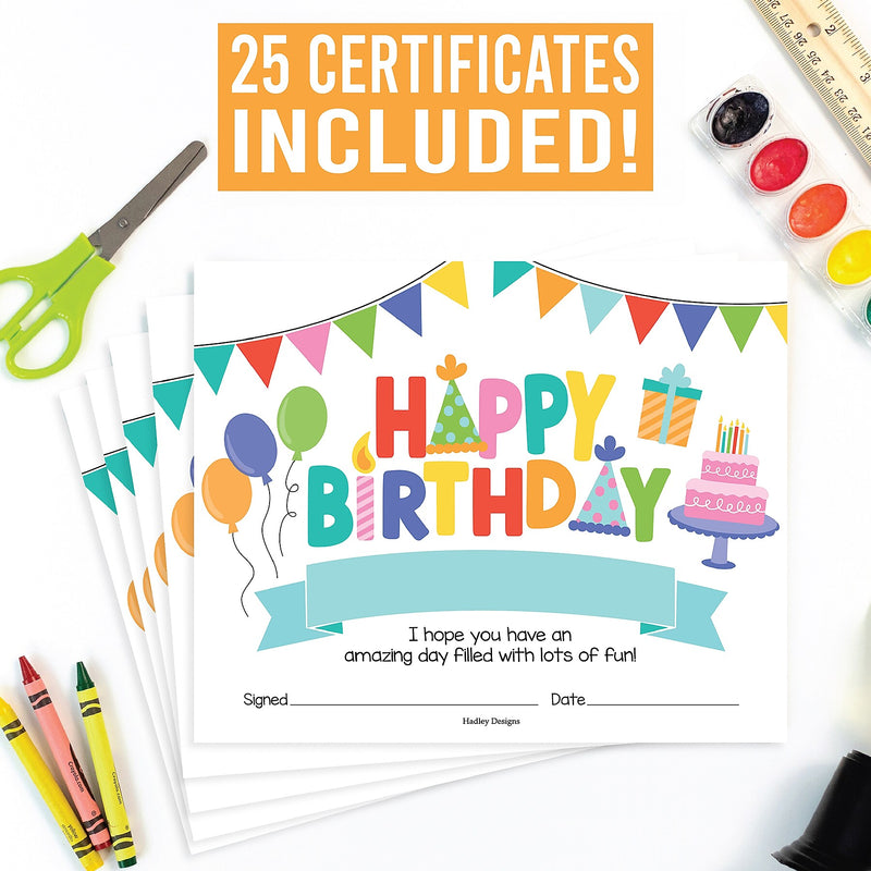 Hadley Designs Colorful Happy Birthday Certificates For Students, 8" x 10", Multicolored, 25/Pack (HDDX004A3KO4B)