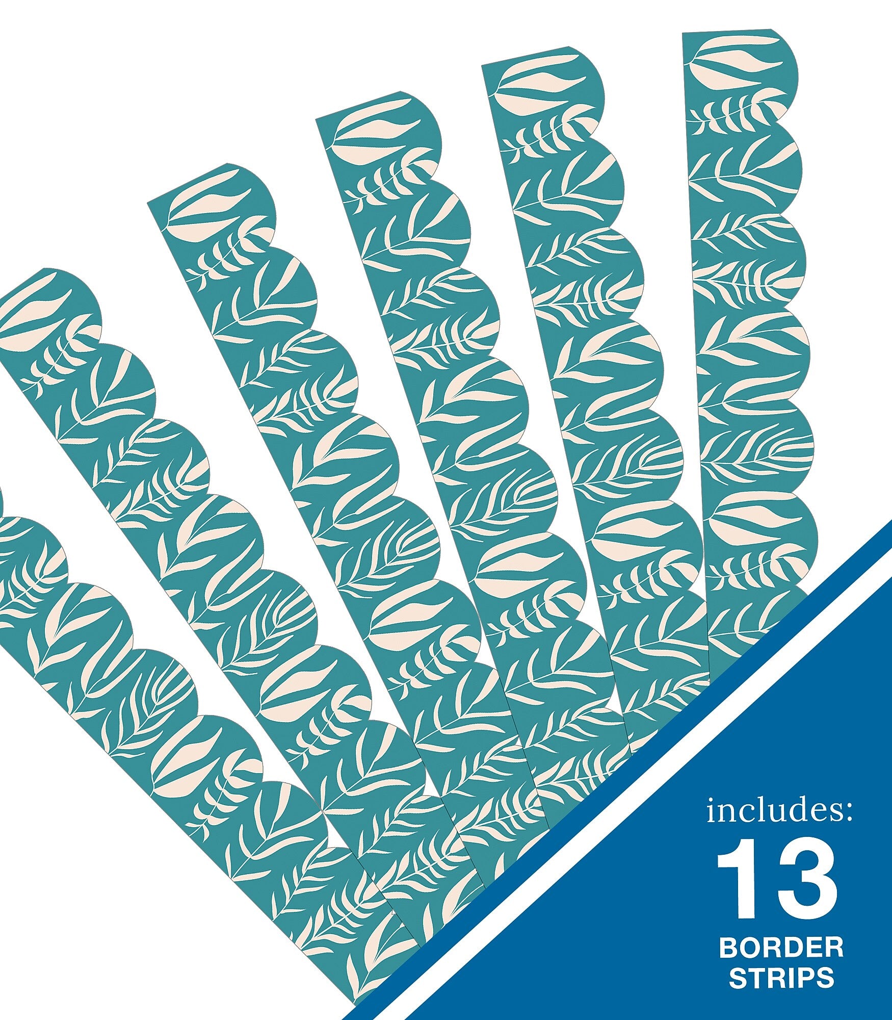 Carson Dellosa Scalloped Border Strips 3" x 3', Teal with Leaves, 13/pack (108522)