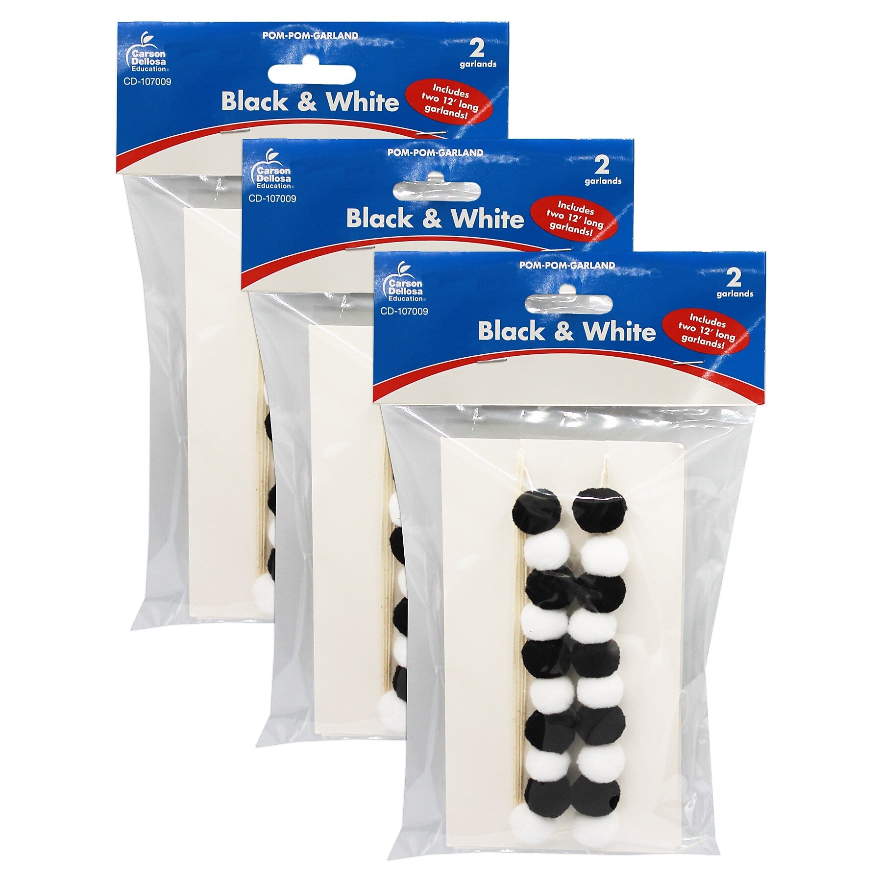 Carson Dellosa Education Black & White Pom-Pom Garland, 12 Feet, 2/Pack, 3 Packs/Bundle (CD-107009-3)