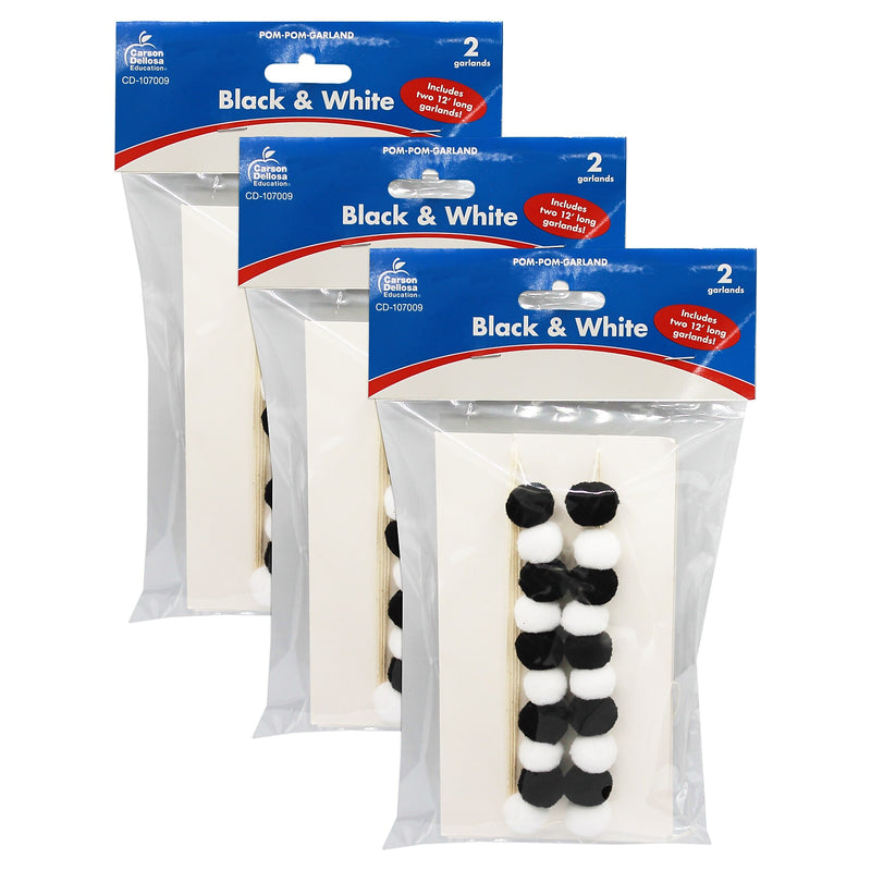 Carson Dellosa Education Black & White Pom-Pom Garland, 12 Feet, 2/Pack, 3 Packs/Bundle (CD-107009-3)