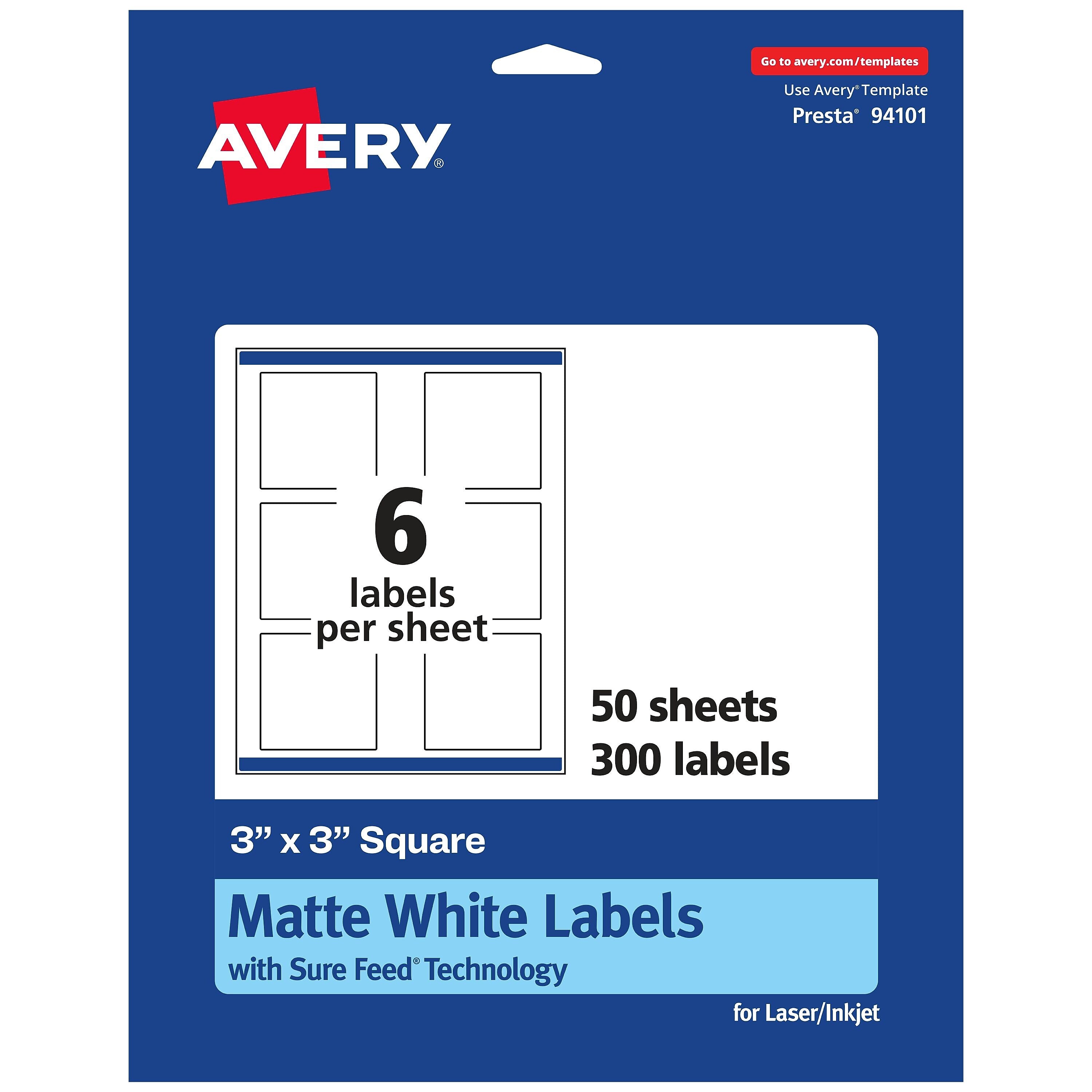 Avery Laser/Inkjet Square Multipurpose Labels, 3" x 3", Matte White, 300 Labels/Box (94101)