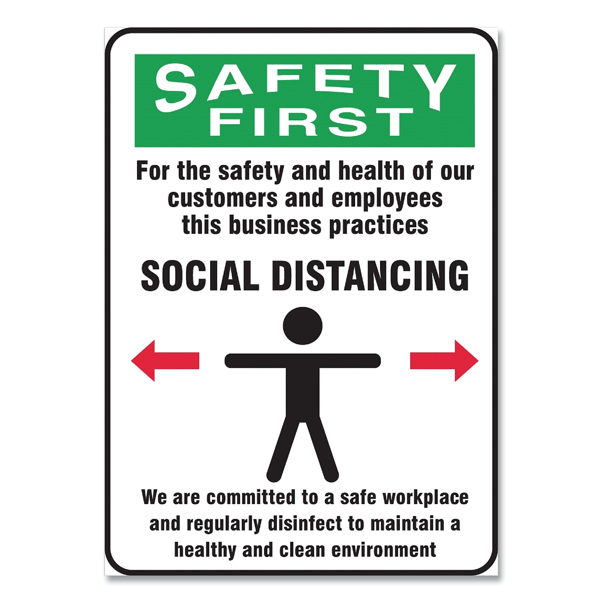 Accuform Social Distance Signs, 10 x 14, Customers and Employees Distancing Clean Environment, Humans/Arrows, Green/White, 10/PK