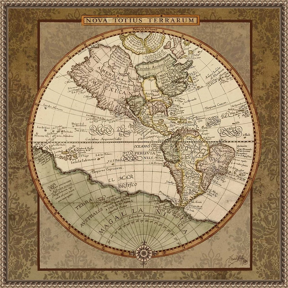 Amanti Art Damask World Map I by Elizabeth Medley Framed Canvas Wall Art Print, 22" x 22" (A42678299413)
