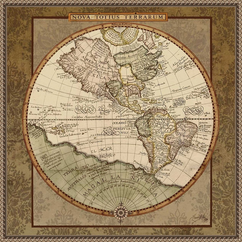 Amanti Art Damask World Map I by Elizabeth Medley Framed Canvas Wall Art Print, 22" x 22" (A42678299413)