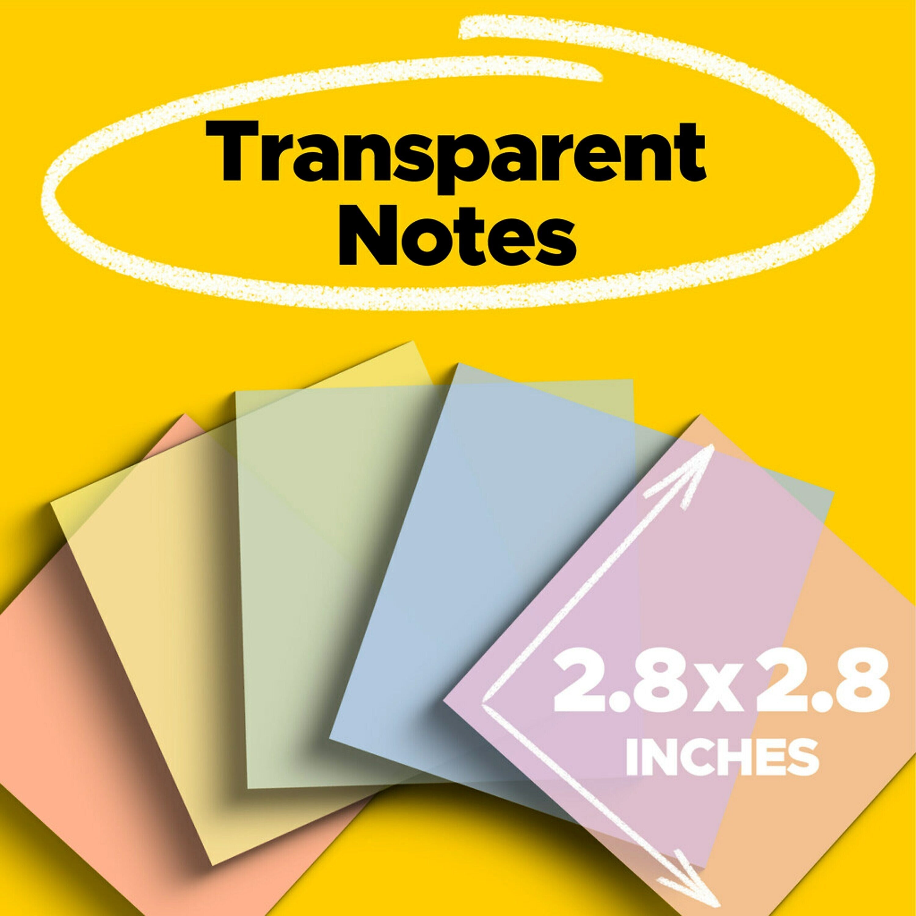 Post-it Transparent Sticky Notes, 2.8" x 2.8", Assorted Colors, 36 Sheets/Pad, 5 Pads/Pack (600-5PASTEL)