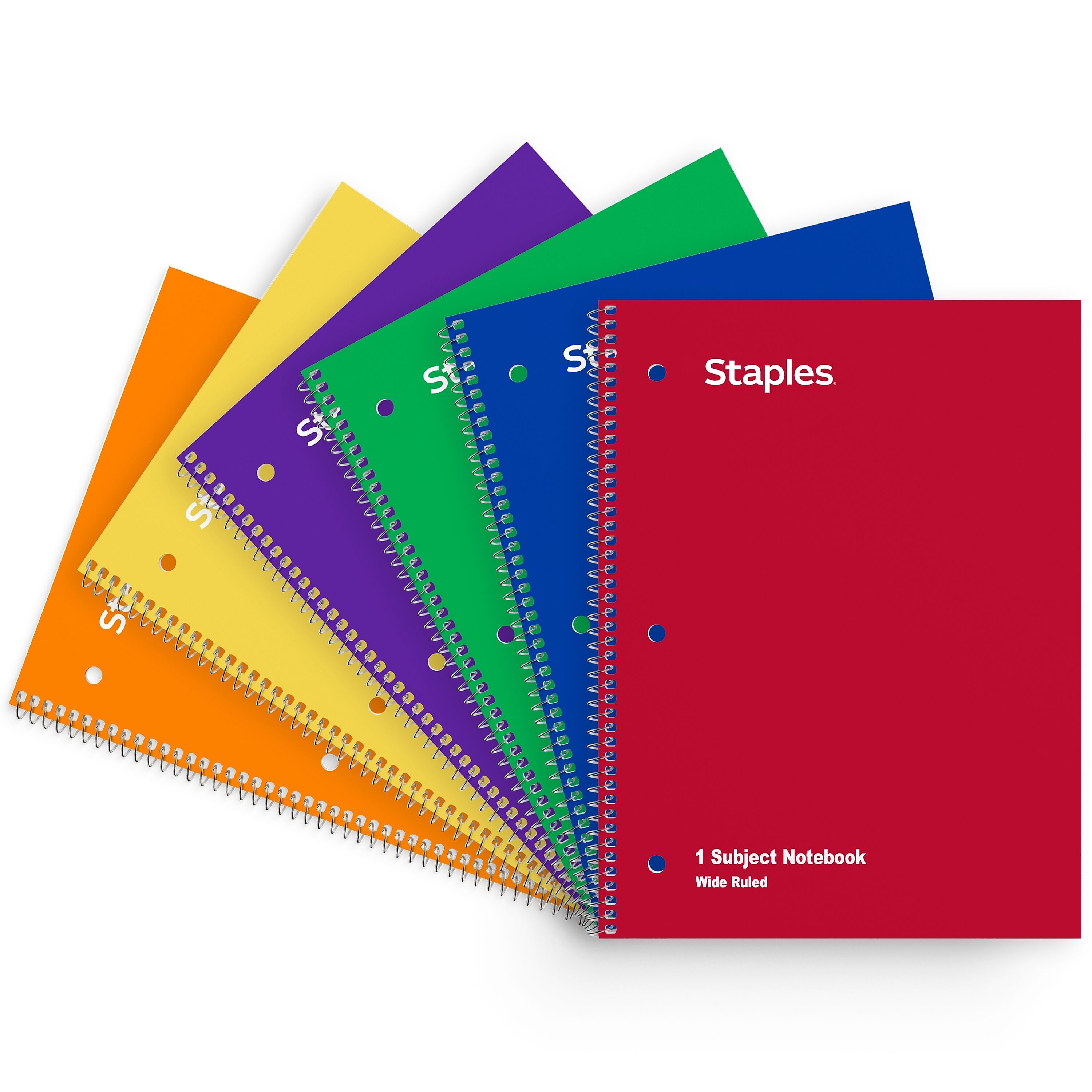 Staples 1-Subject Notebooks, 8" x 10.5", Wide Ruled, 70 Sheets, Assorted Colors, 6/Pack (ST11667C)