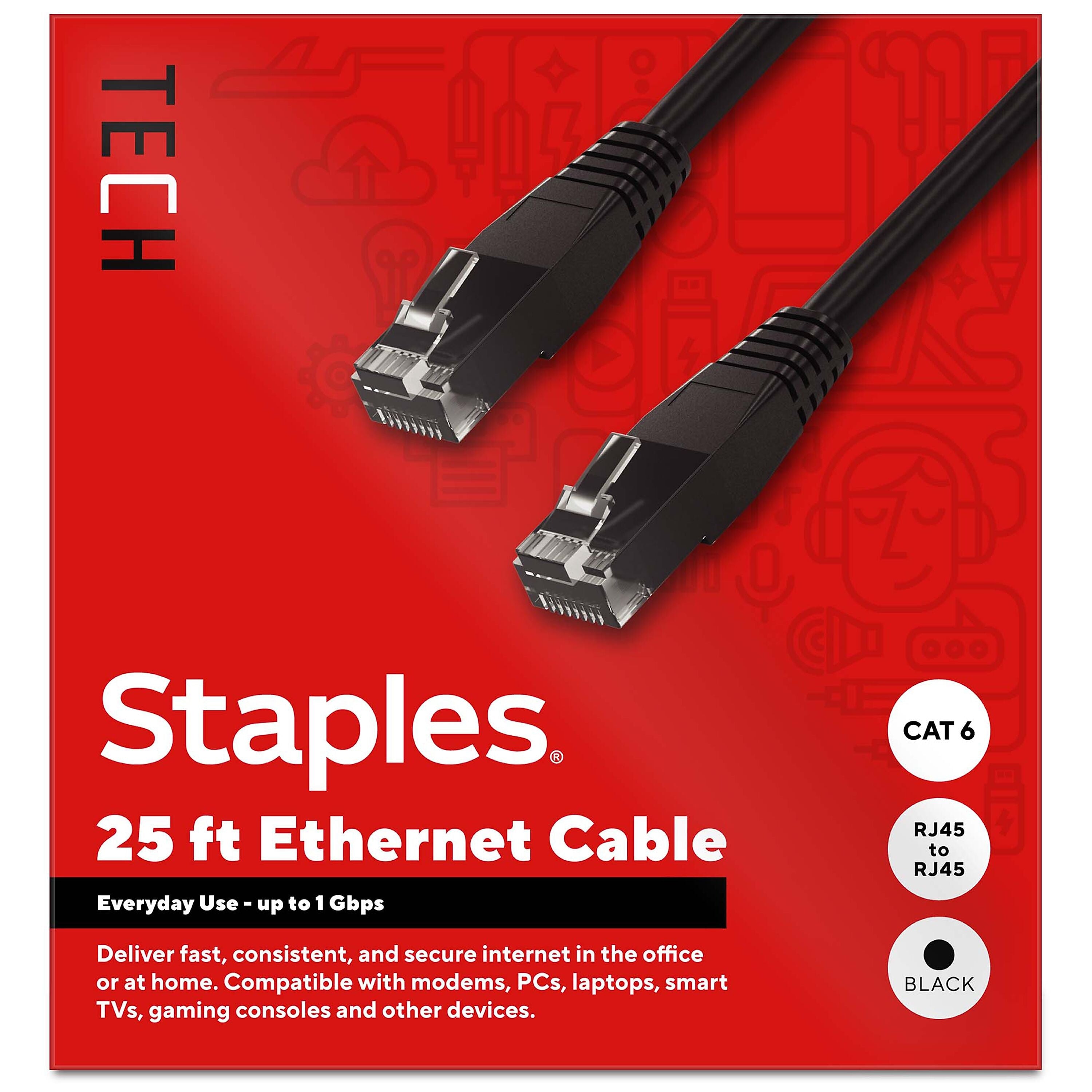 Staples TECH 25 ft. Cat-6 Ethernet Cable, Male to Male, Black (ST62457)