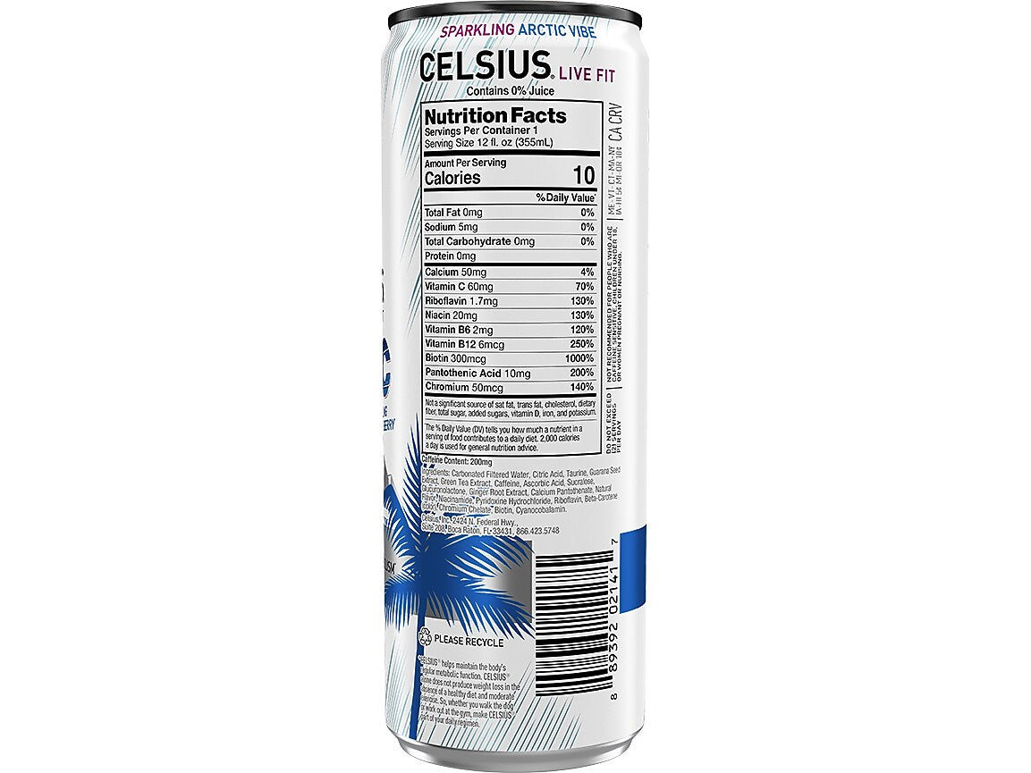 Celsius Sugar-Free Arctic Vibe Sparkling Energy Drink, 12 fl. oz., 12 Cans/Carton (02125)