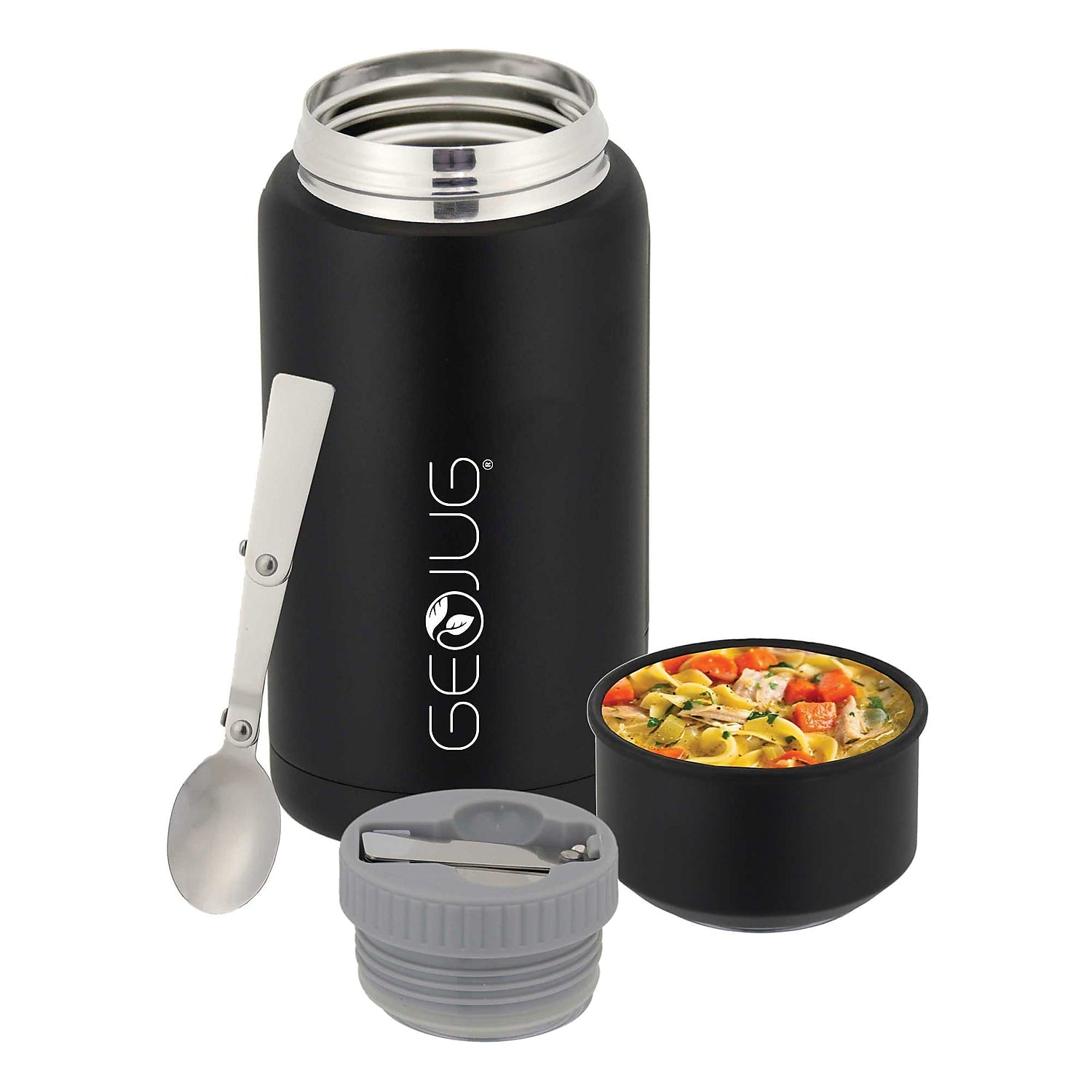 Brentwood Geojug Stainless Steel Double Walled Food Jar with Bowl & Folding Spoon, 25 oz., Black (FTS-750BK)