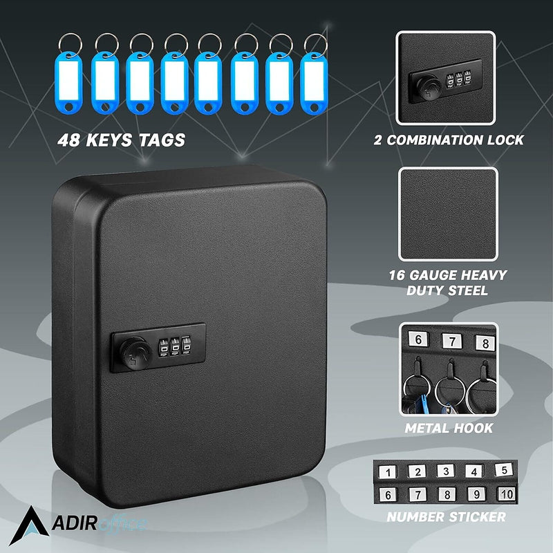 AdirOffice 30-Key Cabinet with Combination Lock and Key Tags, Black (682-30-BLK-689-PKG)