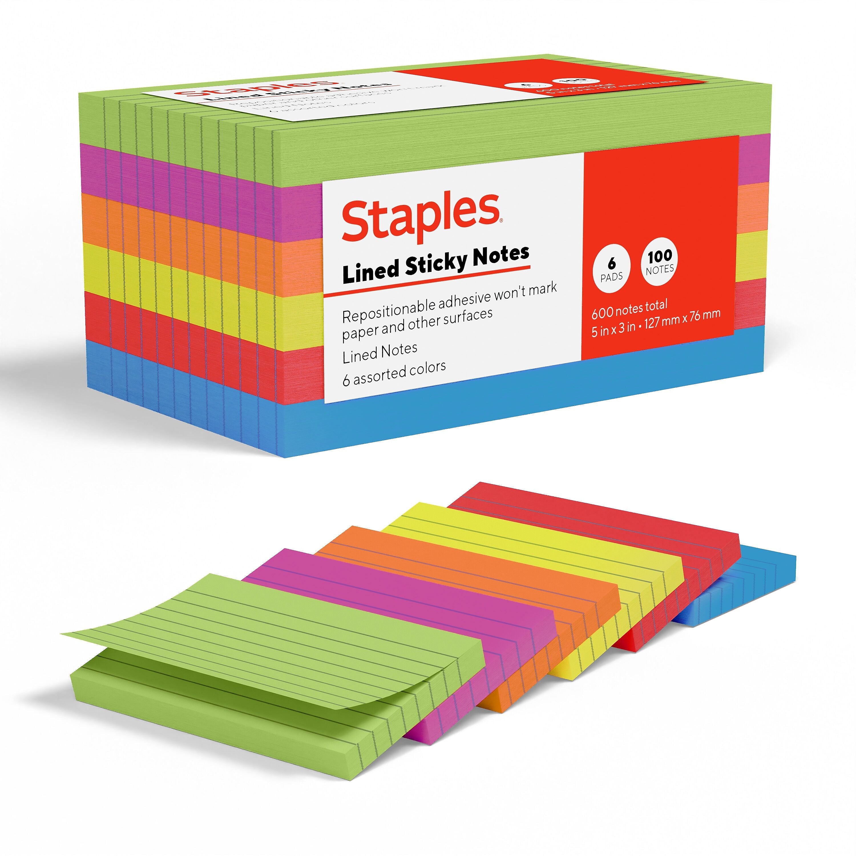 Staples Sticky Notes, 3" x 5", Summer Breeze Collection, Lined, 100 Sheets/Pad, 6 Pads/Pack (ST62870)