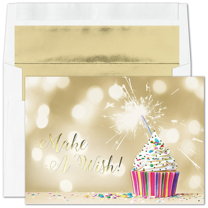 "Make a Wish Cupcake"   Card w/ Gold Lined White Envelope, 100/BX