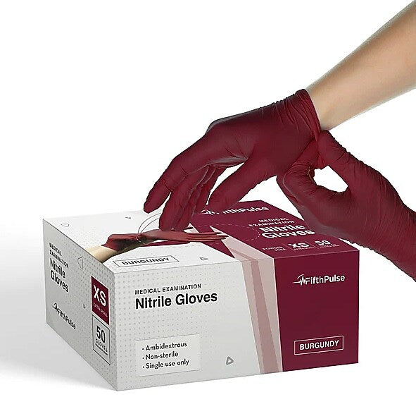 FifthPulse Powder Free Nitrile Gloves, Latex Free, X-Small, Burgundy, 200/Box (FMN100423)