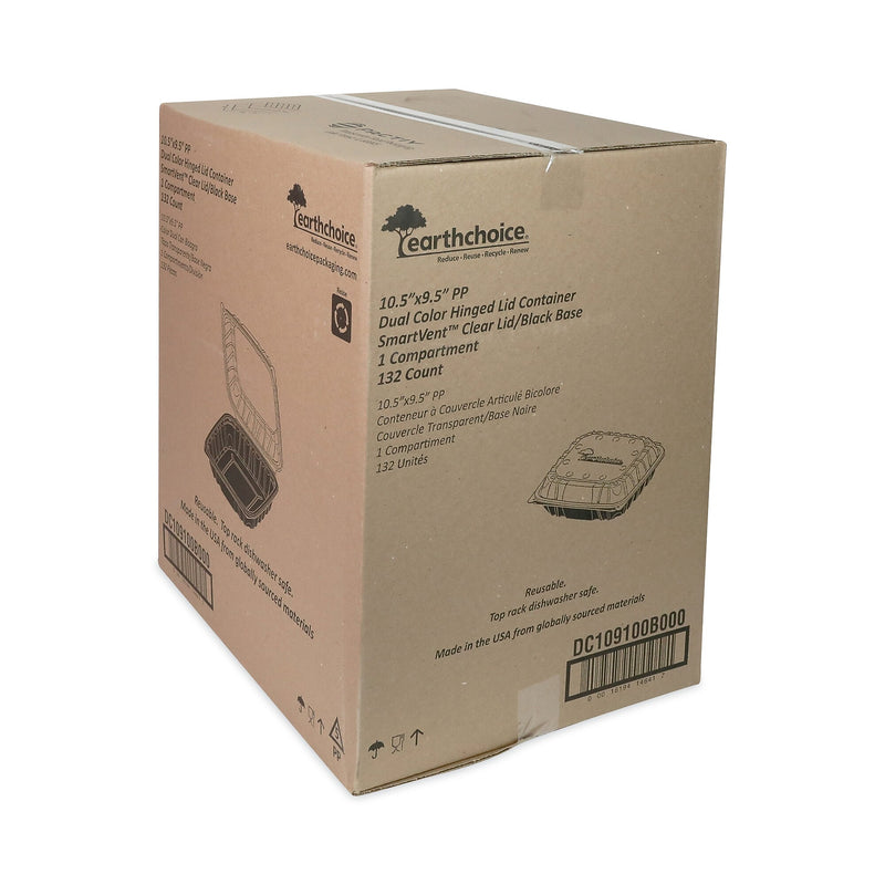 Pactiv Evergreen EarthChoice Vented Dual Color Microwavable Hinged Lid Container, 66oz, Black/Clear, Plastic, 132/CT