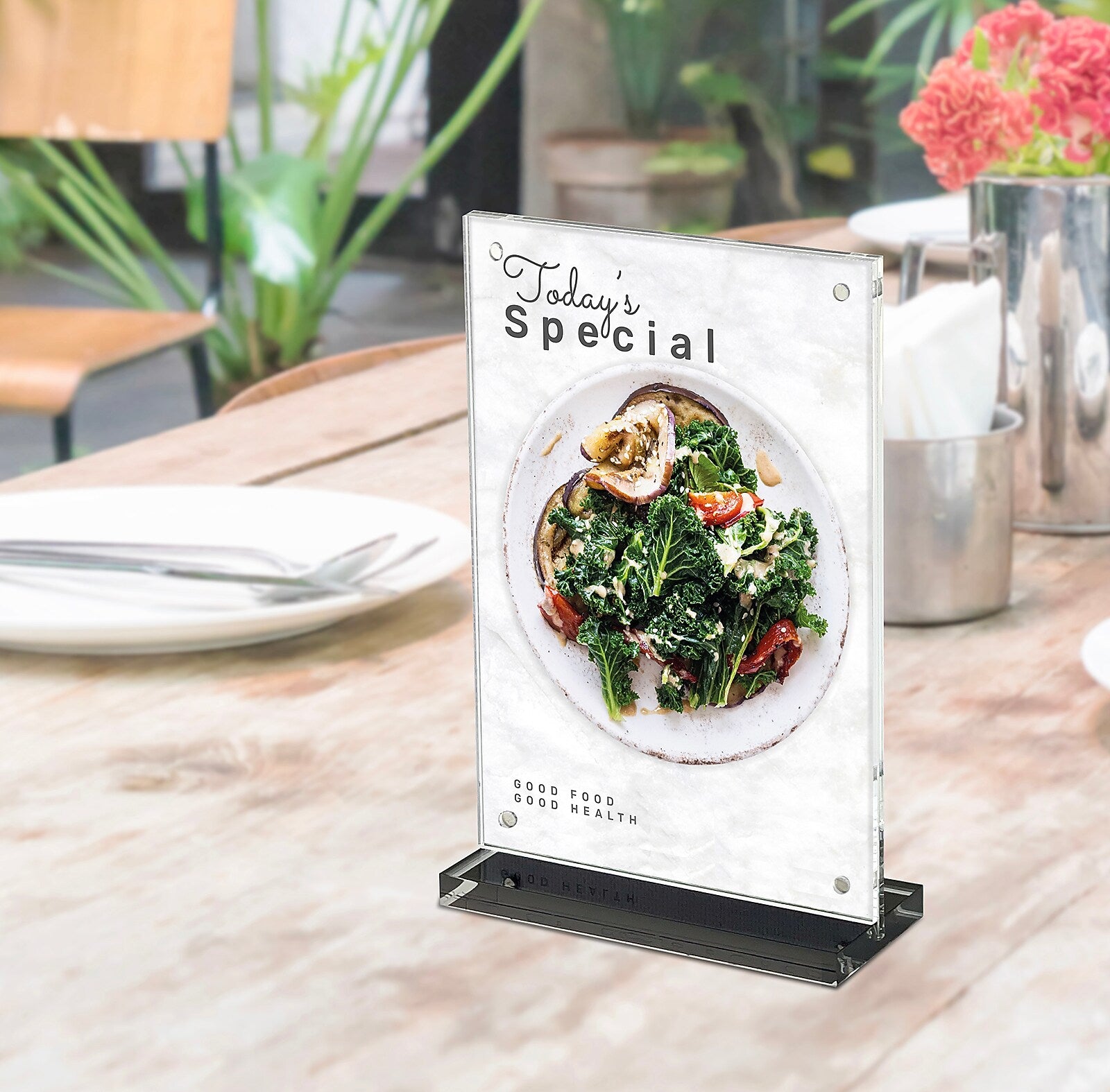Deflect-O Sign Holder, 4" x 6", Vertical, Table Top, Black/Clear Acrylic (WP249-TR46B)