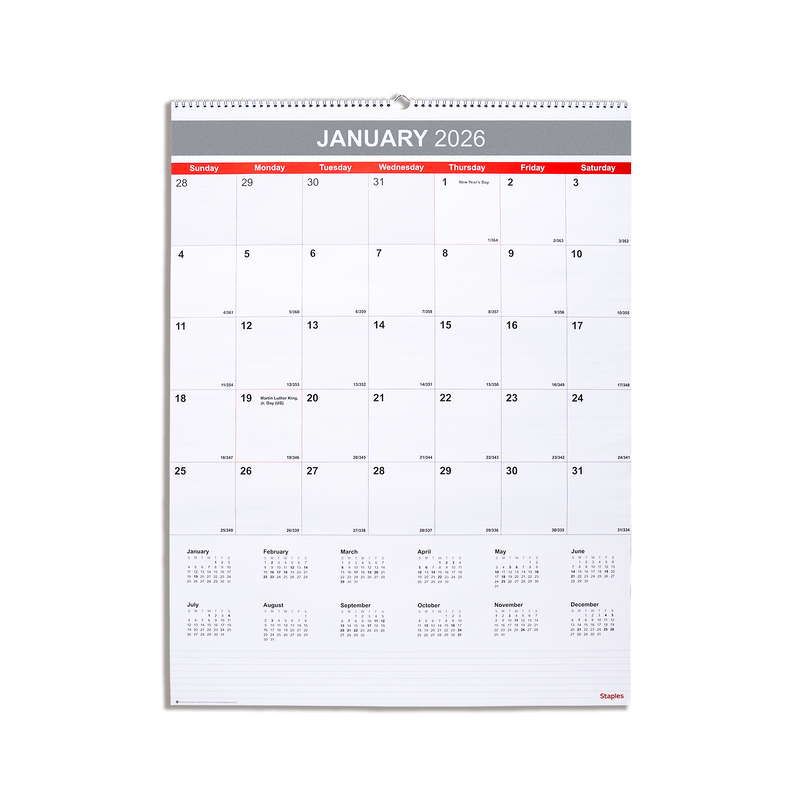 2026 Staples 22.19" x 29" Monthly Wall Calendar, White/Red/Gray (ST63005-26)