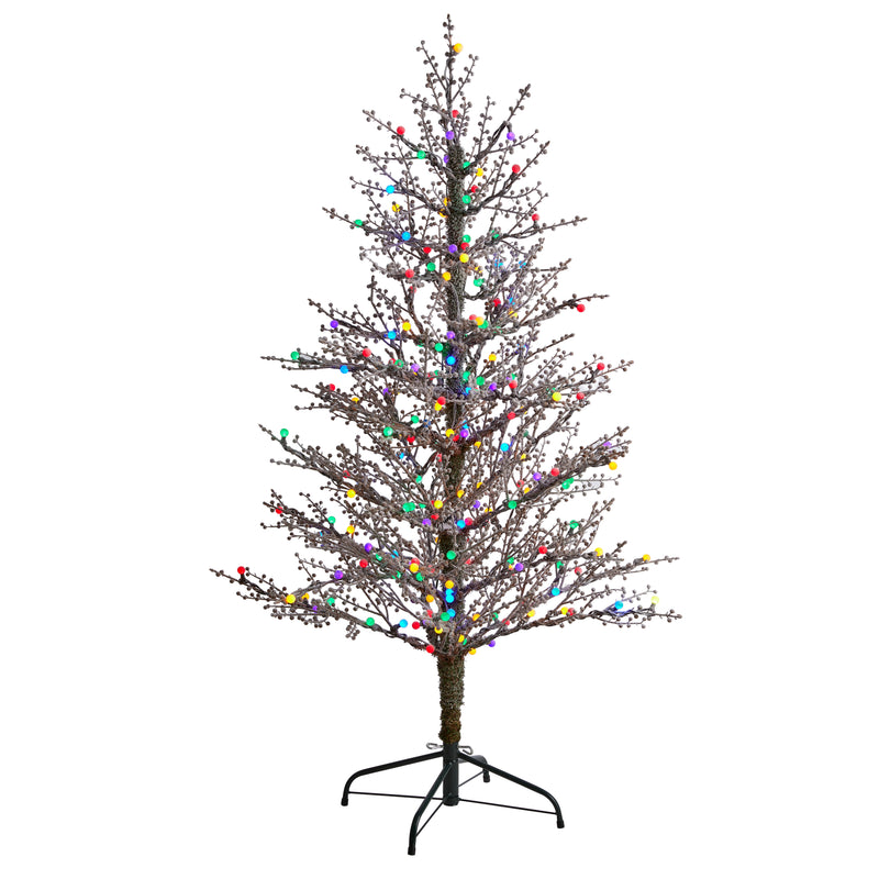 Nearly Natural 5-ft Frosted Berry Twig Artificial Christmas Tree with 200 Multicolored Gum Ball LED Lights (T1564)