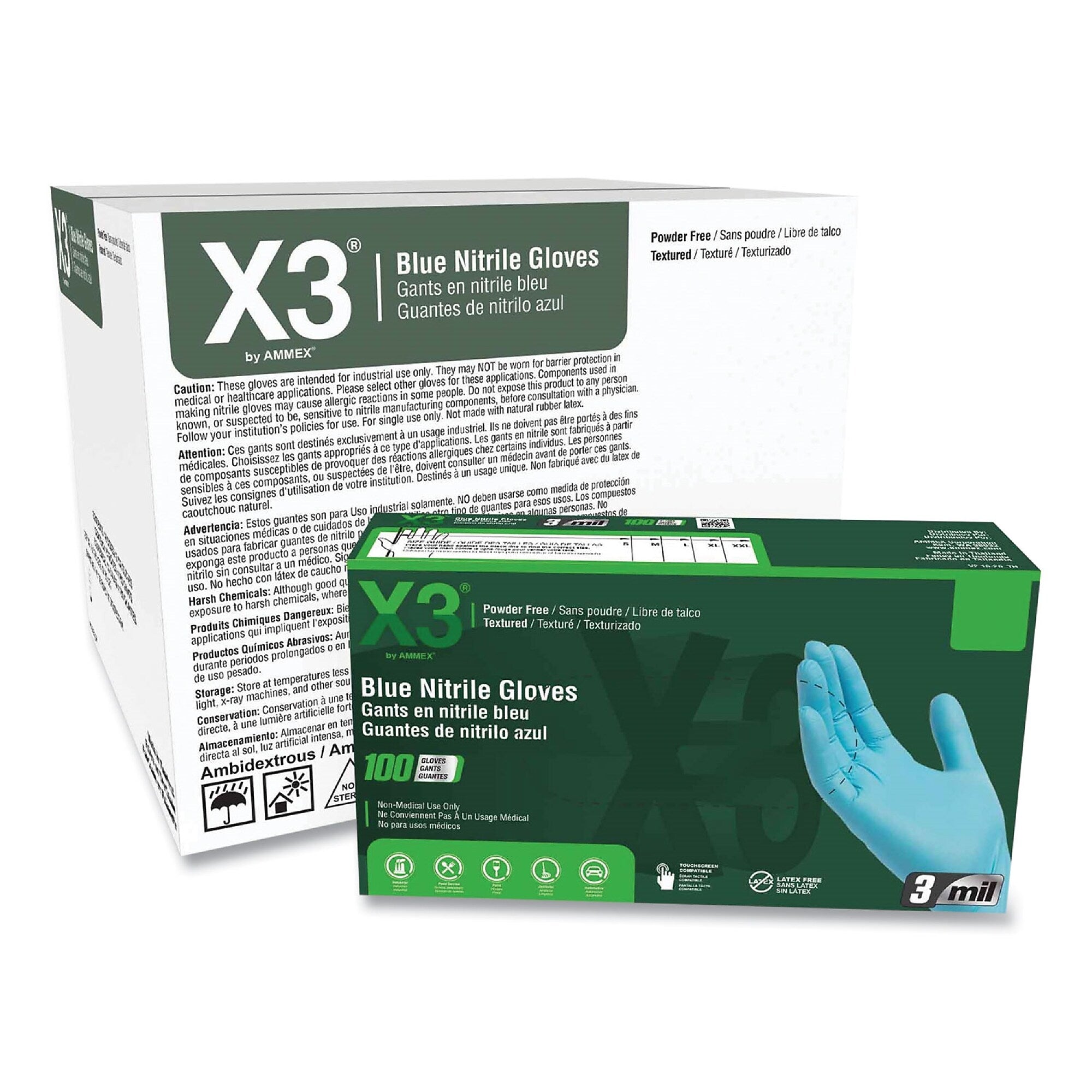 X3 by AMMEX Industrial Nitrile Gloves, Powder-Free, 3 mil, Large, Blue, 100/Box, 10 Boxes/Carton