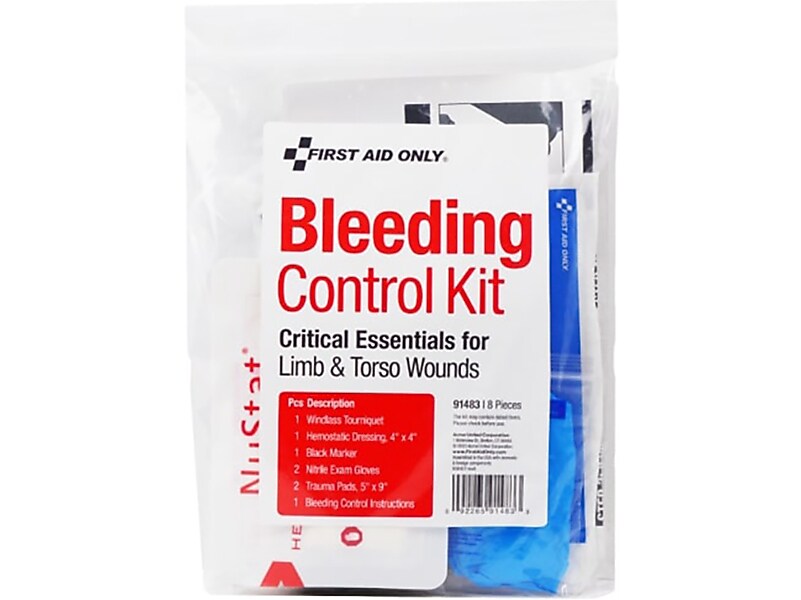 First Aid Only Bleeding Control Kit Critical Essentials Plastic Bag, Limb & Torso Wounds, 8 Pieces (91483)