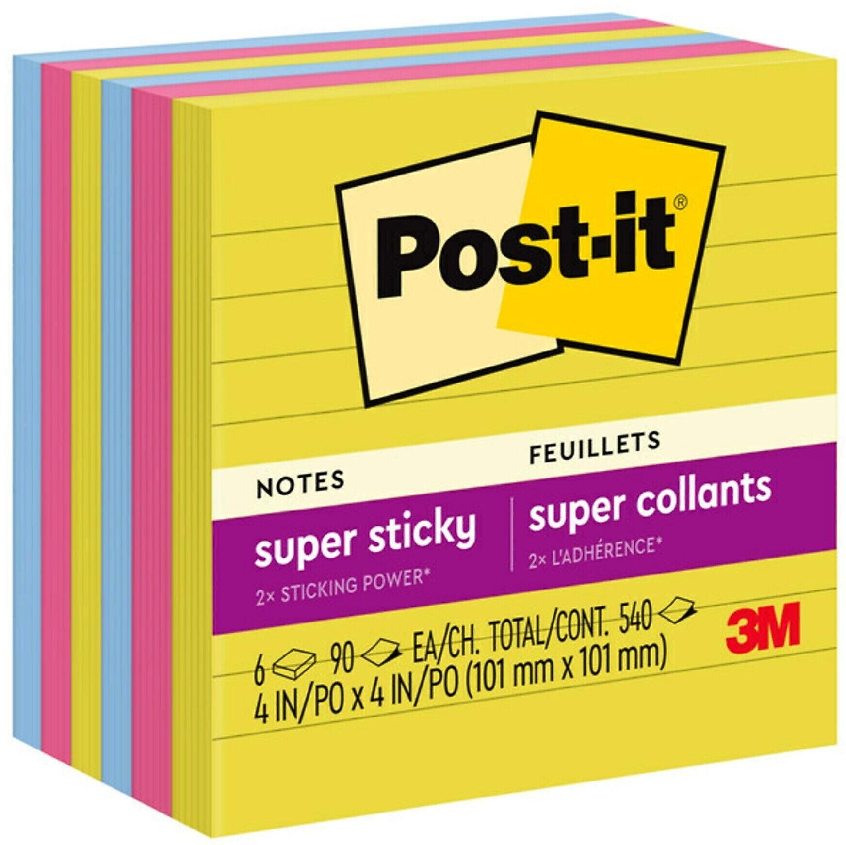 Post-it Super Sticky Notes, 4" x 4", Summer Joy Collection, Lined, 90 Sheets/Pad, 6 Pads/Pack (675-6SSJOY)