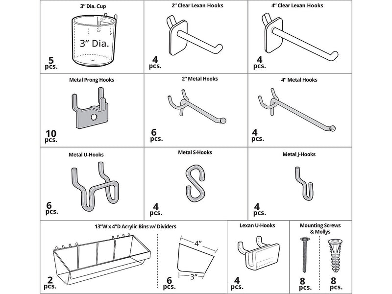 Azar 72-Piece Pegboard Organizer Accessory Kit, Clear/Silver, Each (900955)