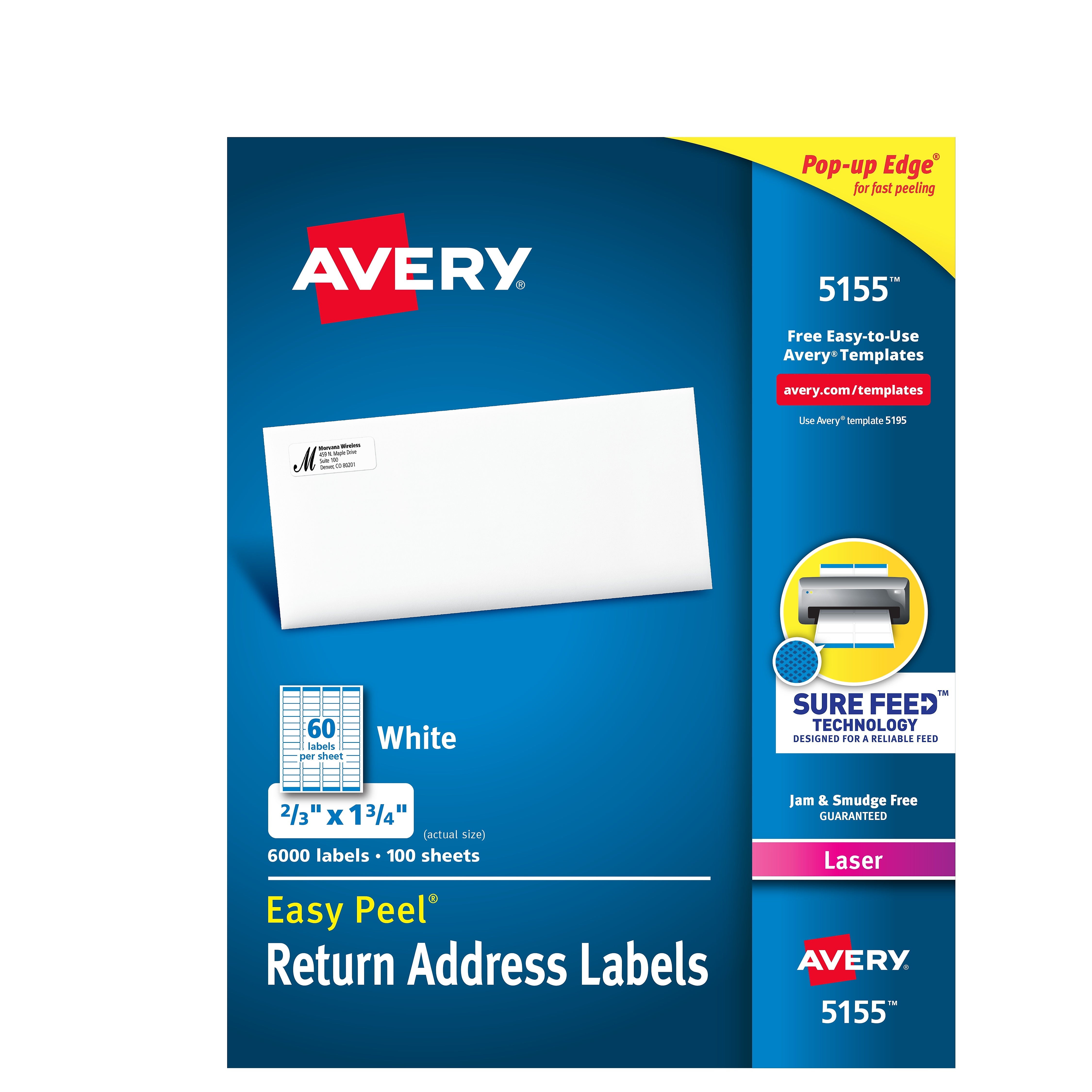 Avery Easy Peel Laser Return Address Labels, 2/3" x 1-3/4", Glossy White, 6,000 Labels/Pack (5155)