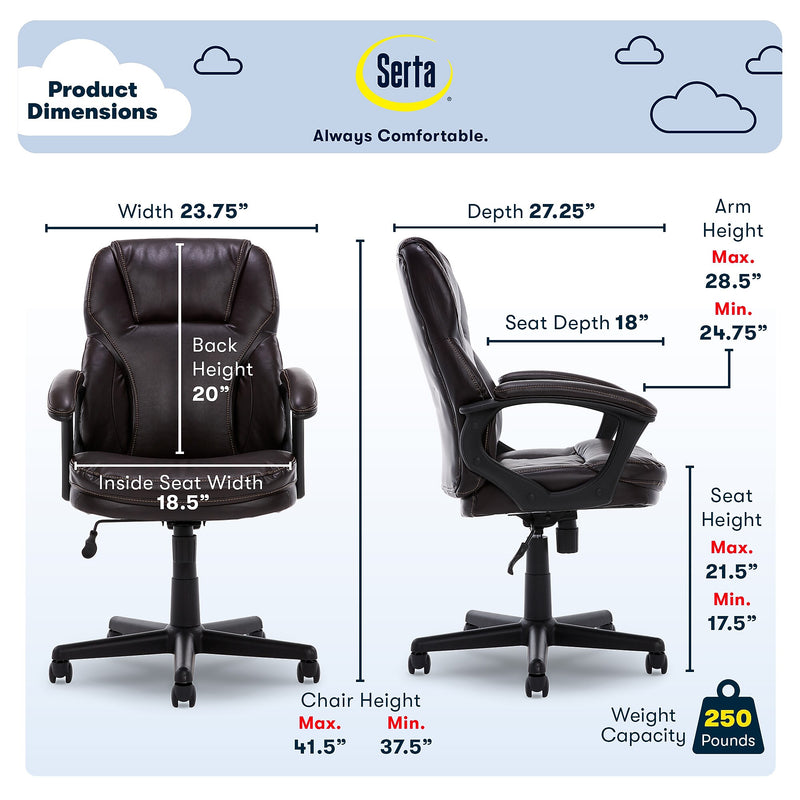 Serta Manager's Office Chair, Puresoft® Faux Leather, Roasted Chestnut Brown (43669OSS)