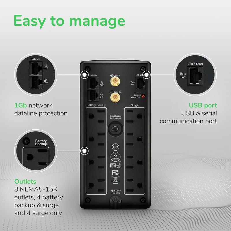 APC Back-UPS Pro Compact Tower AVR LCD 1000VA 8-Outlet UPS, Black (BX1000M)