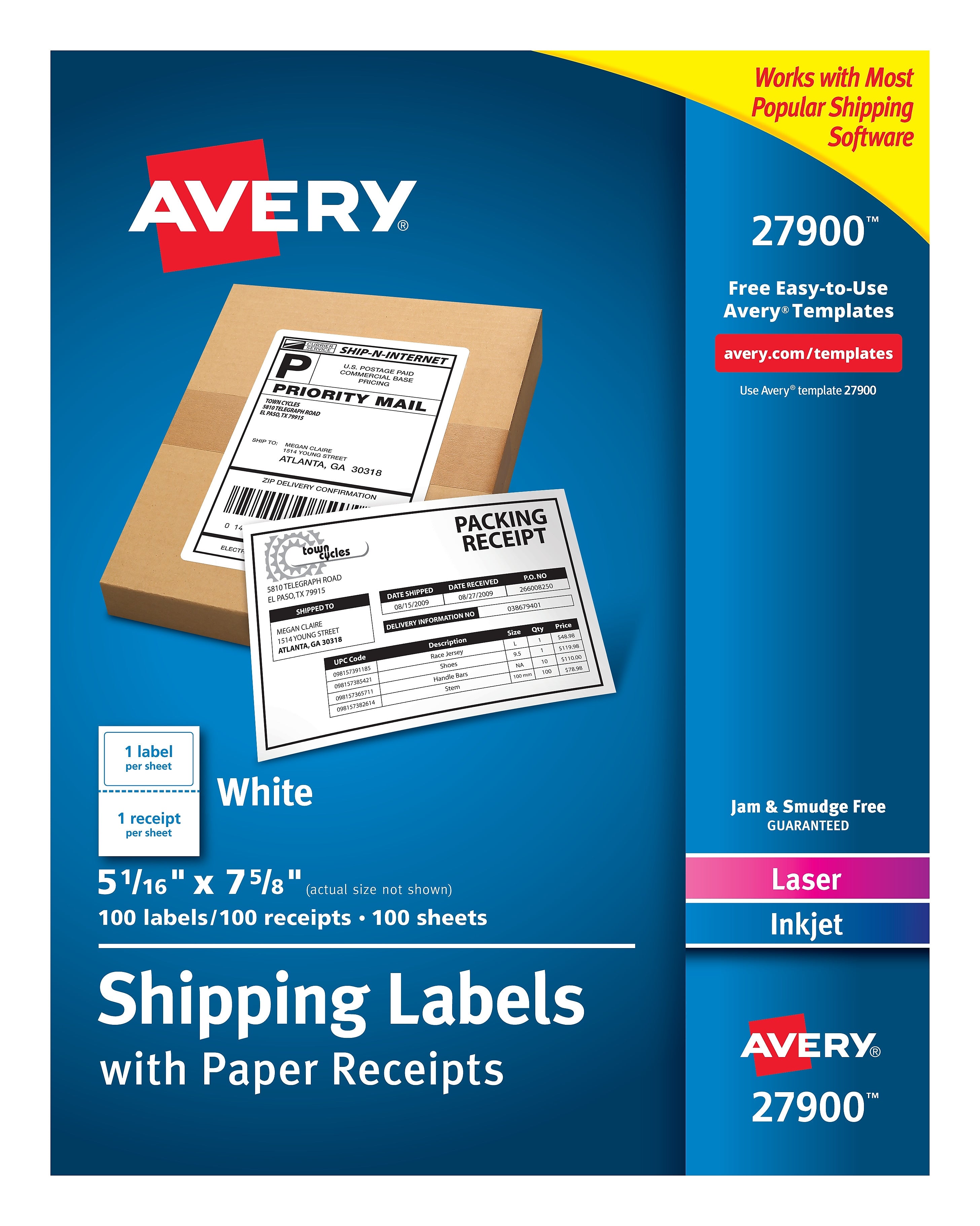 Avery Laser/Inkjet Shipping Labels with Paper Receipts, 5-1/16" x 7-5/8", White, 100 Labels/Box (27900)
