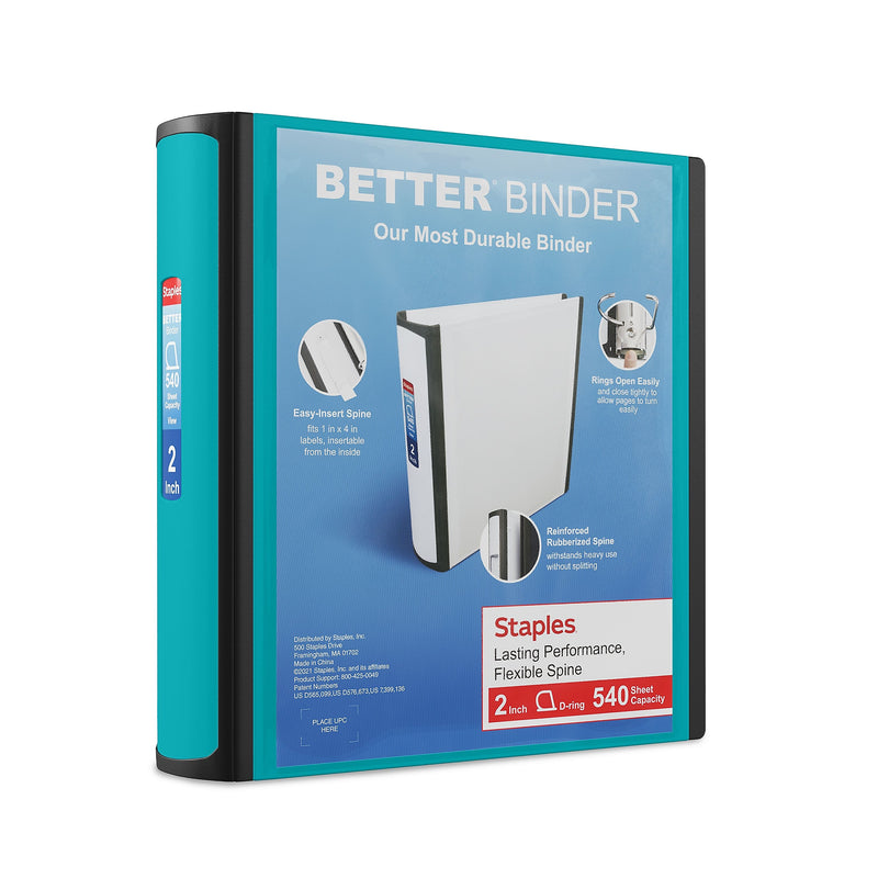 Staples 2" 3-Ring Better Binder, D-Ring, Teal (ST55875-CC)