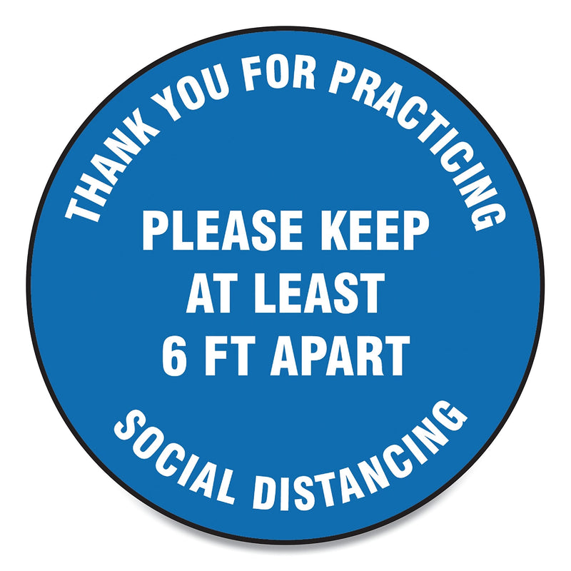 Accuform Slip-Gard Floor Signs, 17" Circle, "Thank You For Practicing Social Distancing...", Blue, 25/PK (GN1MFS421ESP)