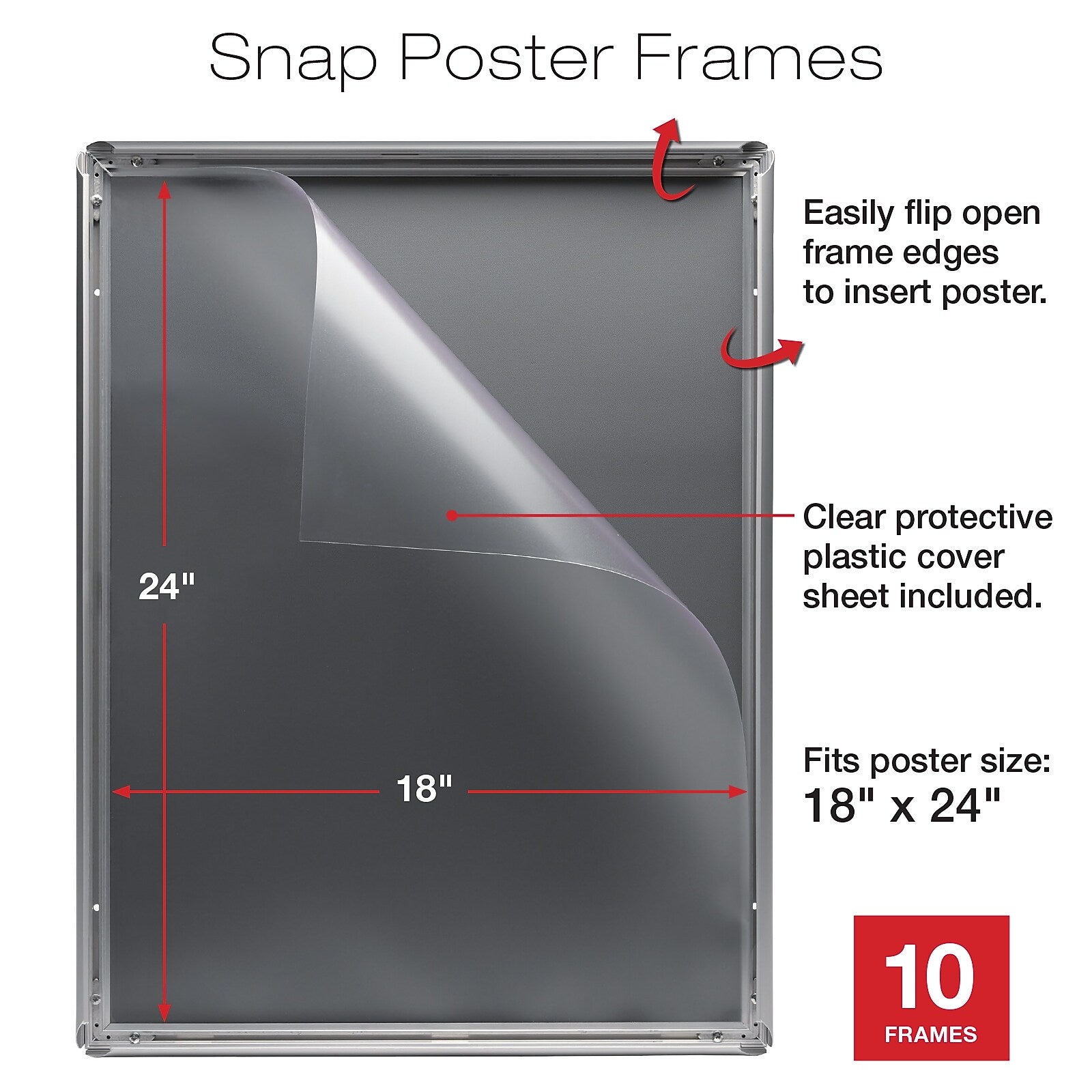 Excello Global Products Poster Holder, 18" x 24", Wall Mounted, Silver Aluminum, 10/Pack (EGP-SF-1824-CP)
