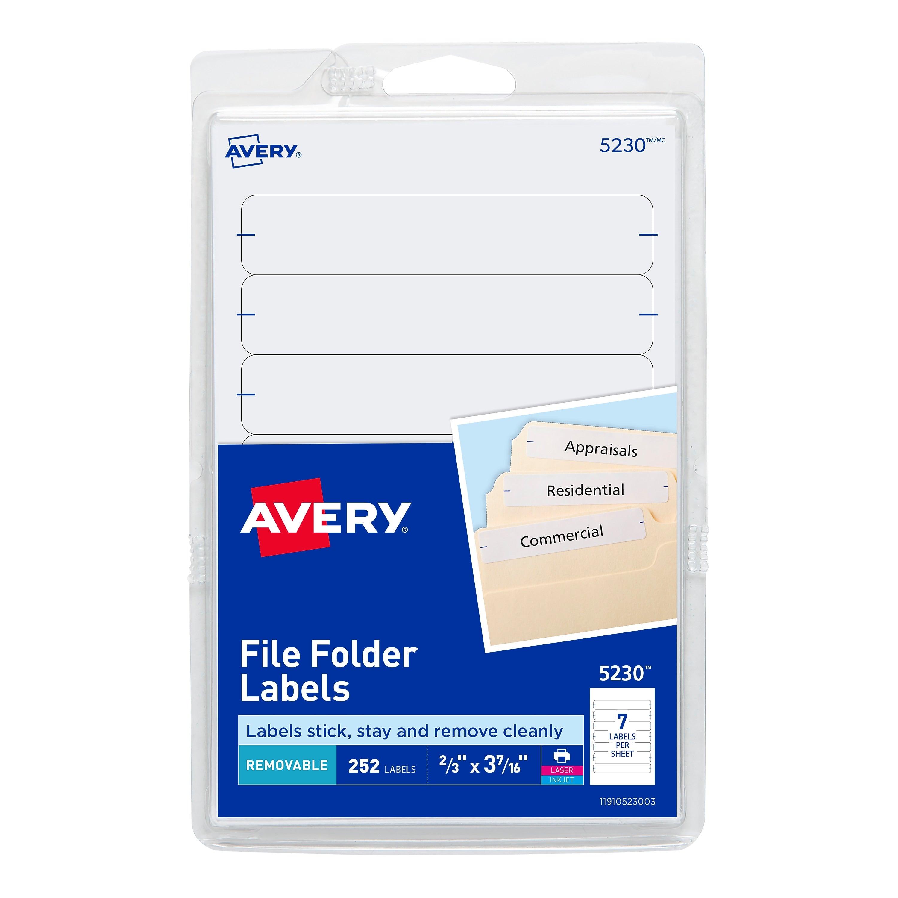Avery Easy Peel Laser/Inkjet File Folder Labels, 2/3" x 3-7/16", White, 252 Labels/Pack (5230)