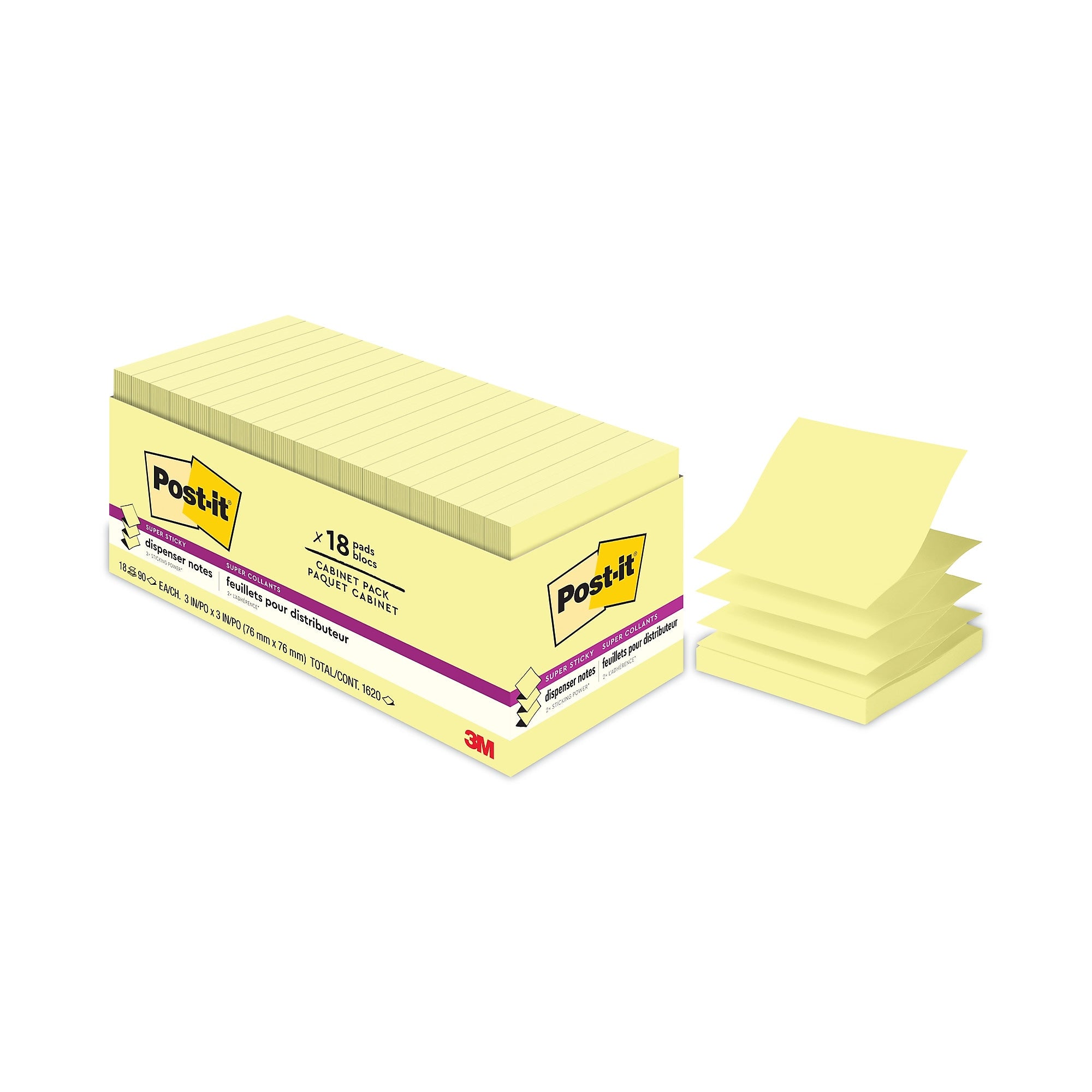 Post-it® Pop-up Super Sticky Dispenser Notes, Cabinet Pack, 3" x 3", Canary Yellow, 90 Sheets/Pad, 18 Pads/Pack