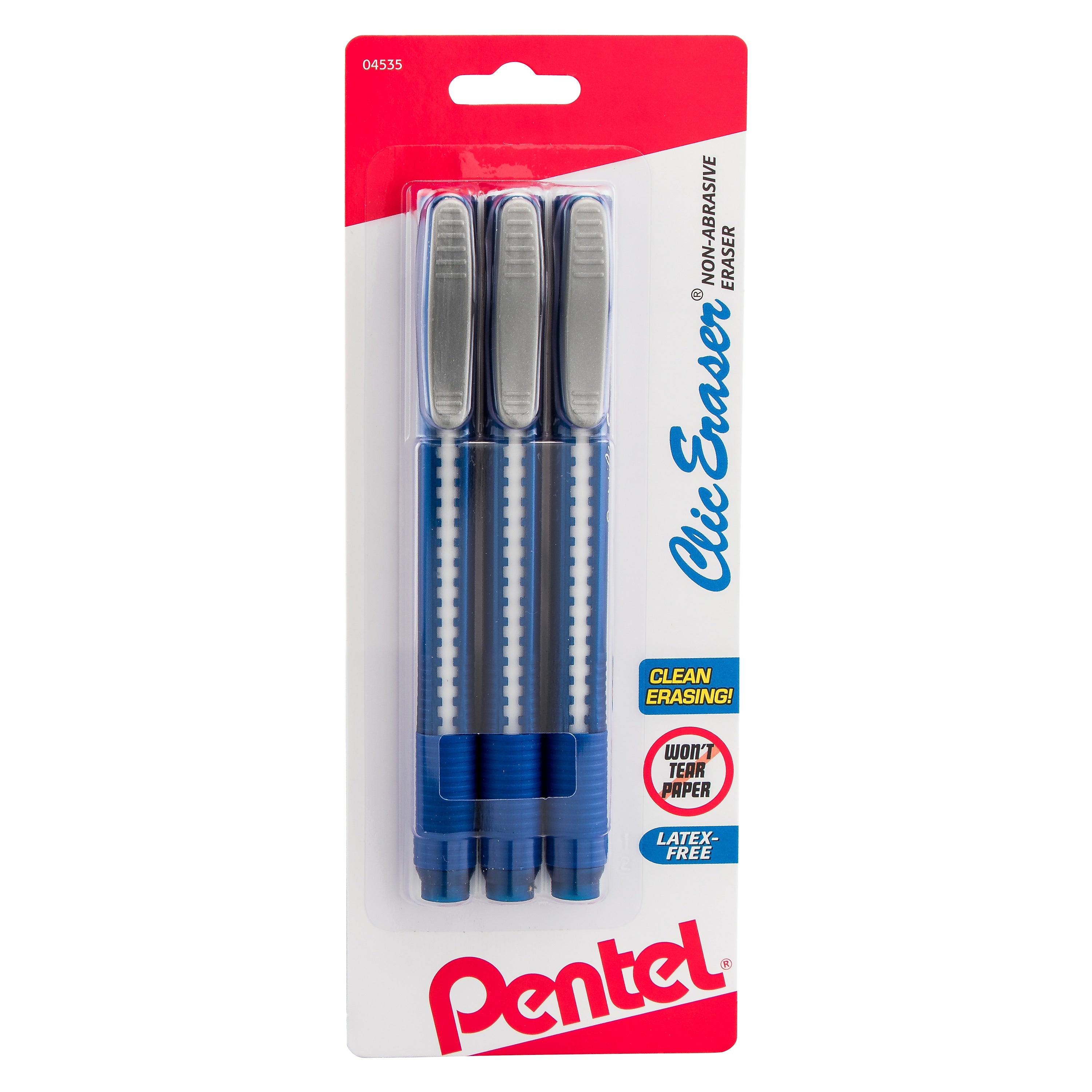 Pentel Clic Eraser Stick Eraser, White, 3/Pack (ZE21BP3-K6)