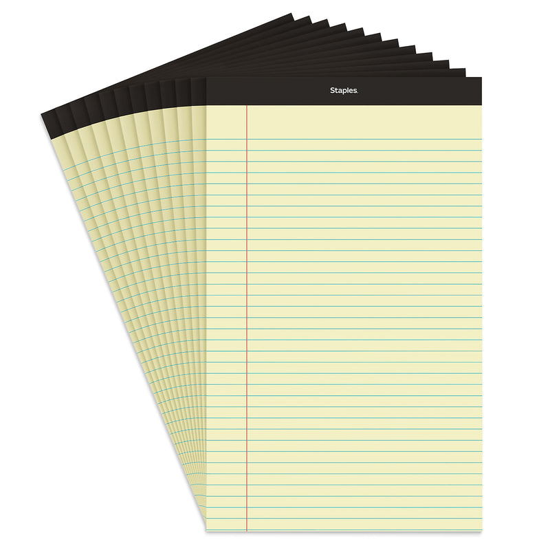 Staples Notepad, 8.5" x 13.12", Wide Ruled, Canary, 50 Sheets/Pad, Dozen Pads/Pack (ST57301)
