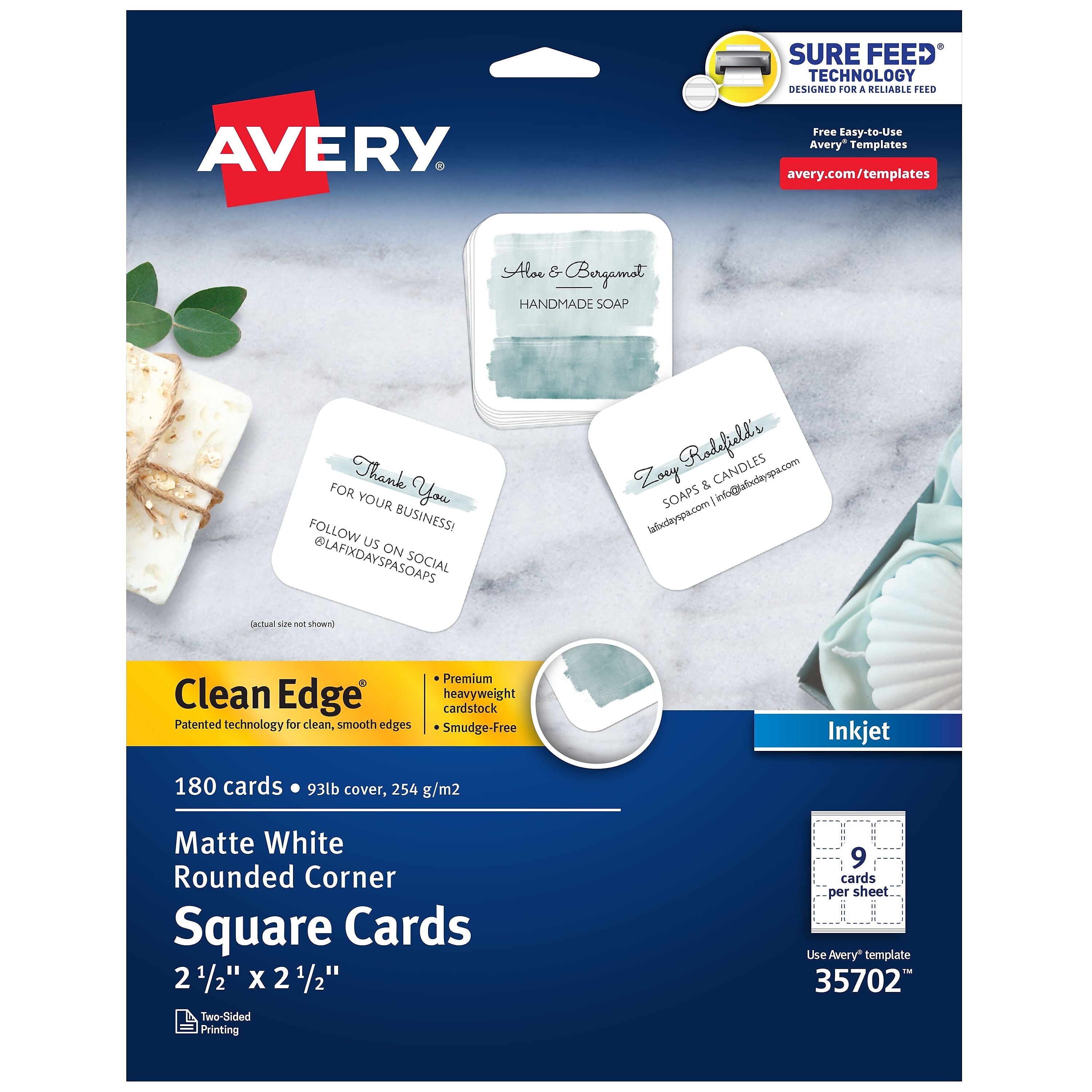 Avery Clean EdgeBusiness Cards, 2.5" x 2.5", White, 9 Cards/Sheet, 180 Cards/Pack (35702)