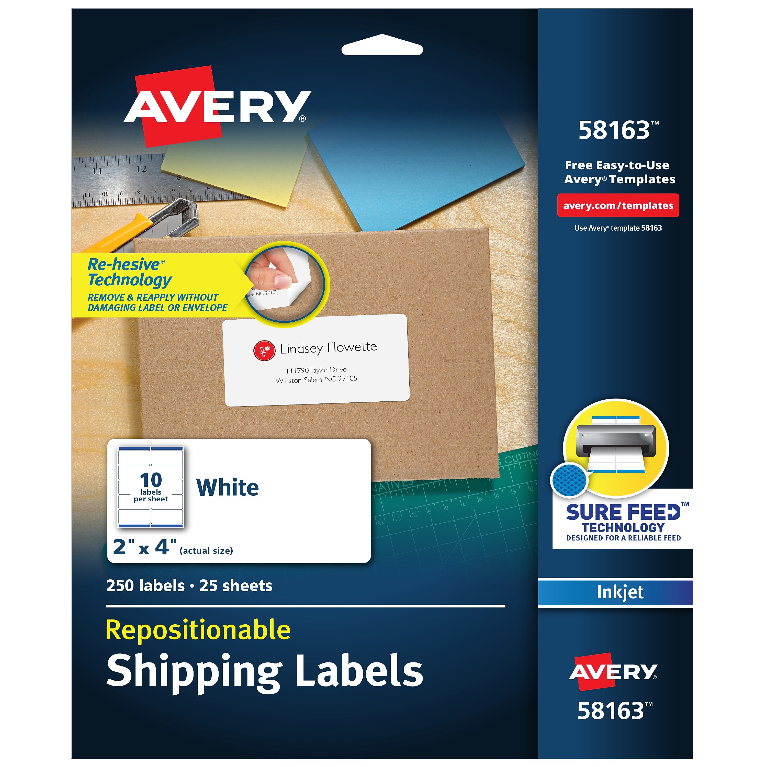 Avery Repositionable Inkjet Shipping Labels, 2" x 4", White, 250 Labels/Pack (58163)