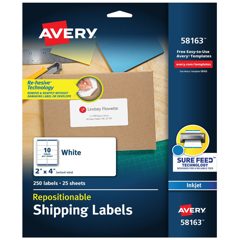 Avery Repositionable Inkjet Shipping Labels, 2" x 4", White, 250 Labels/Pack (58163)