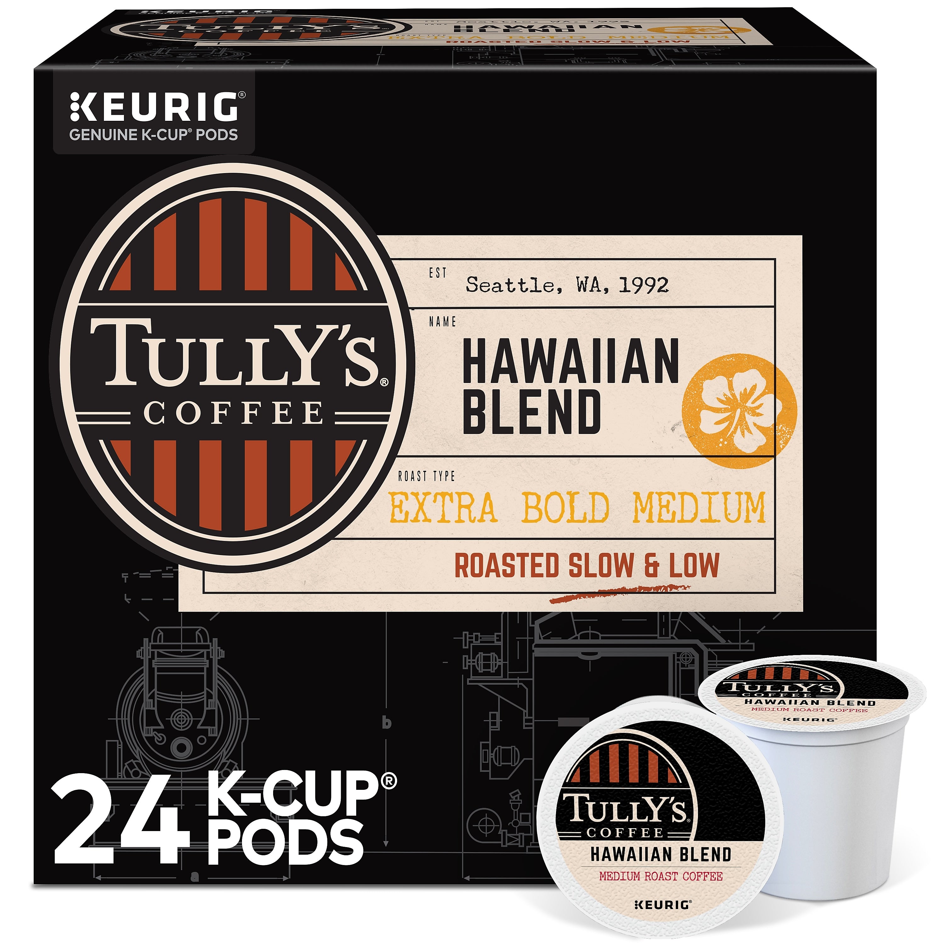 Tully's Hawaiian Blend Coffee Keurig® K-Cup® Pods, Medium Roast, 24/Box (6606)